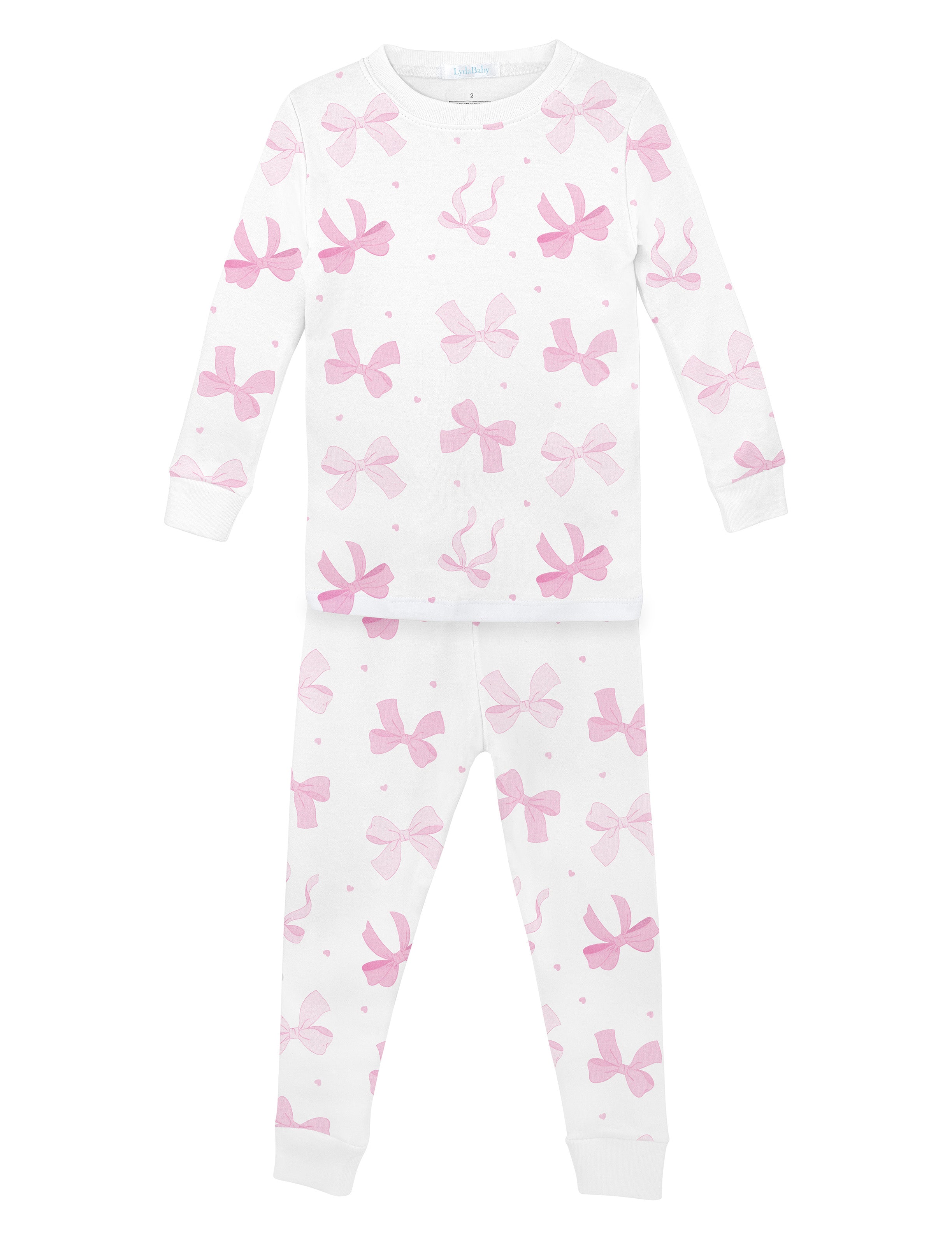 Luxury baby girl pajamas set crafted from breathable Peruvian Pima cotton, designed with a long-sleeve top and pants adorned with sweet pink bow print for soft and stylish nighttime comfort.