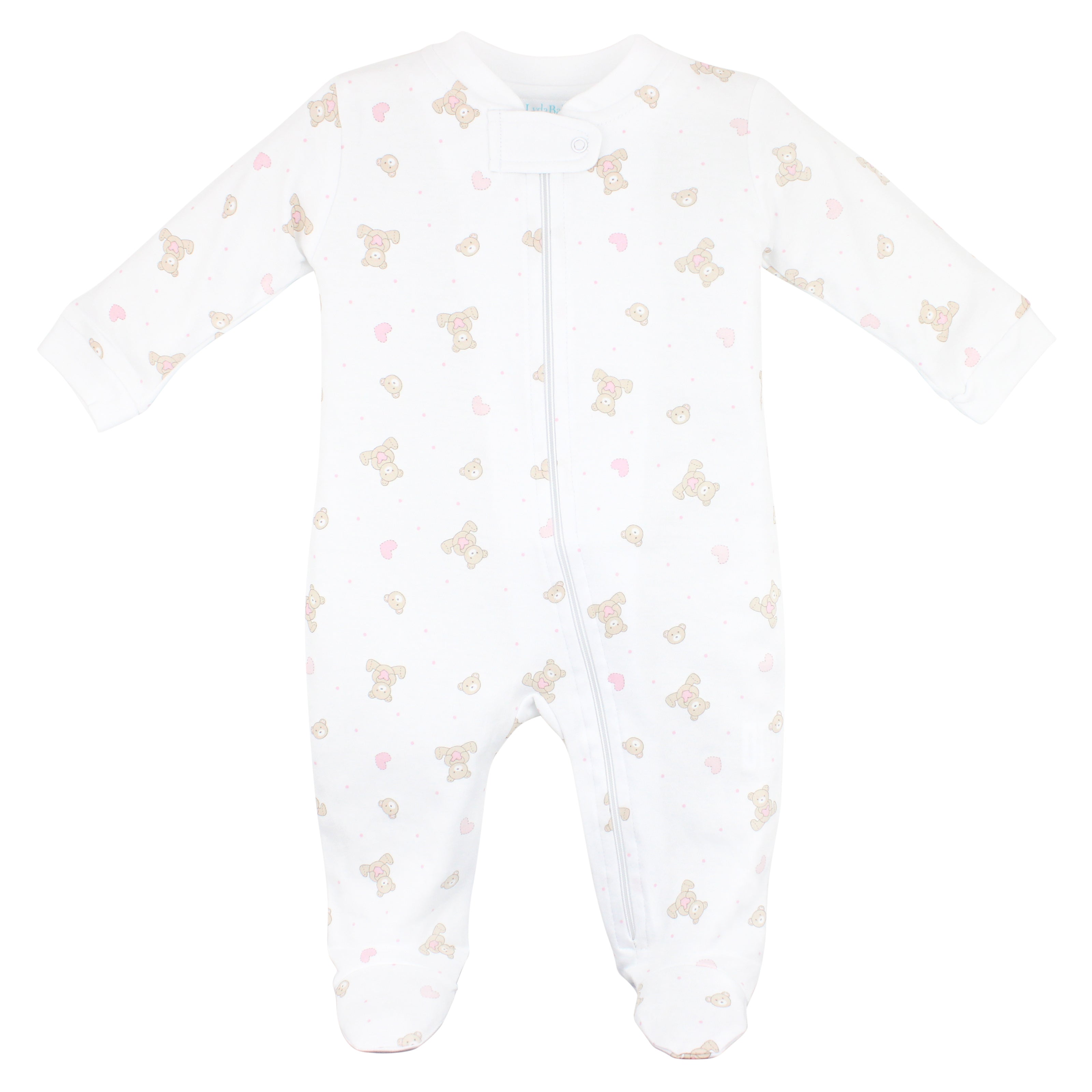 Soft and breathable baby girl zipper footie with printed teddy bears — made of Peruvian Pima cotton for boutique baby clothes and organic sleepwear.