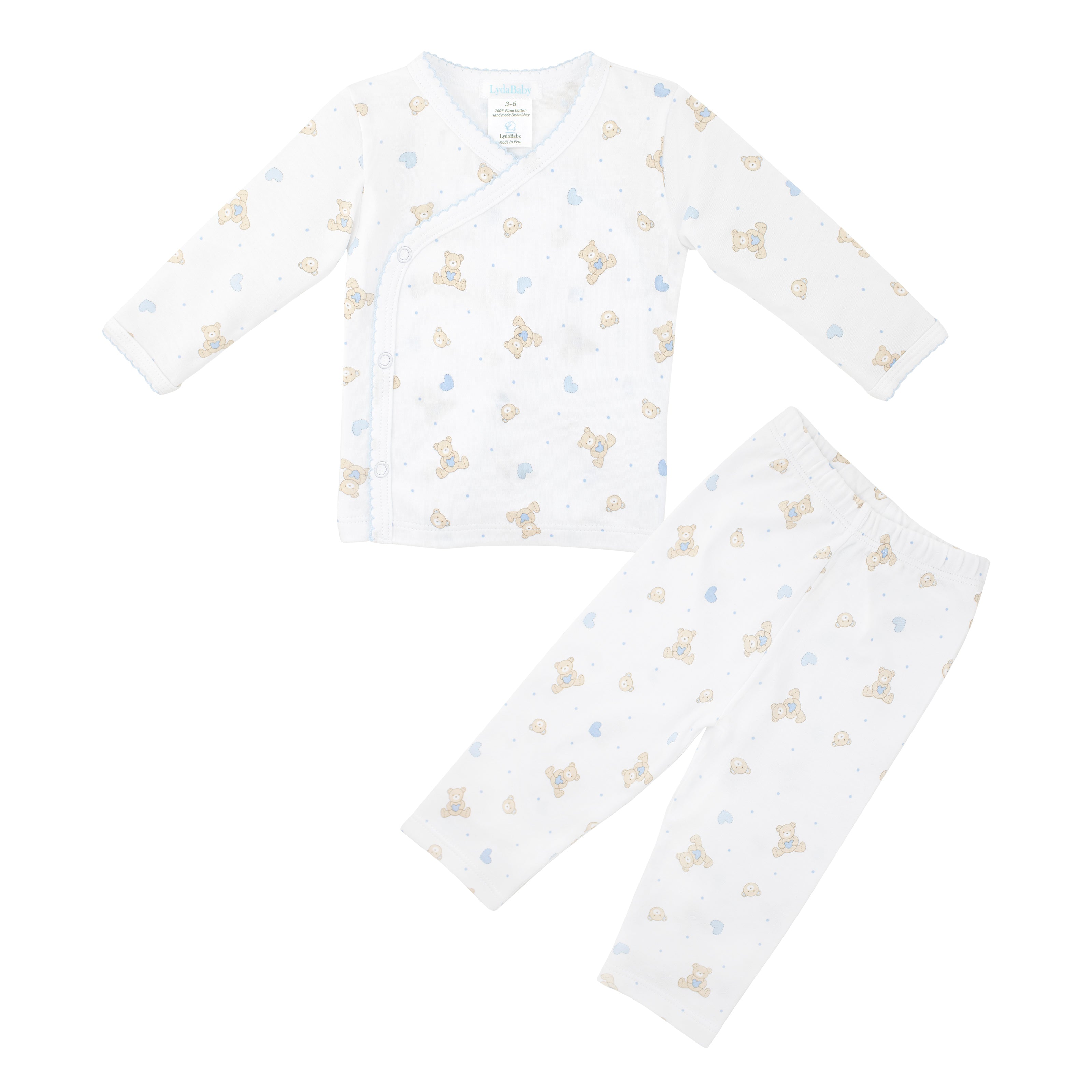 Two-piece baby outfit with teddy bears and heart print — long-sleeve top and pants in soft Peruvian Pima cotton for luxury baby clothes and everyday wear.