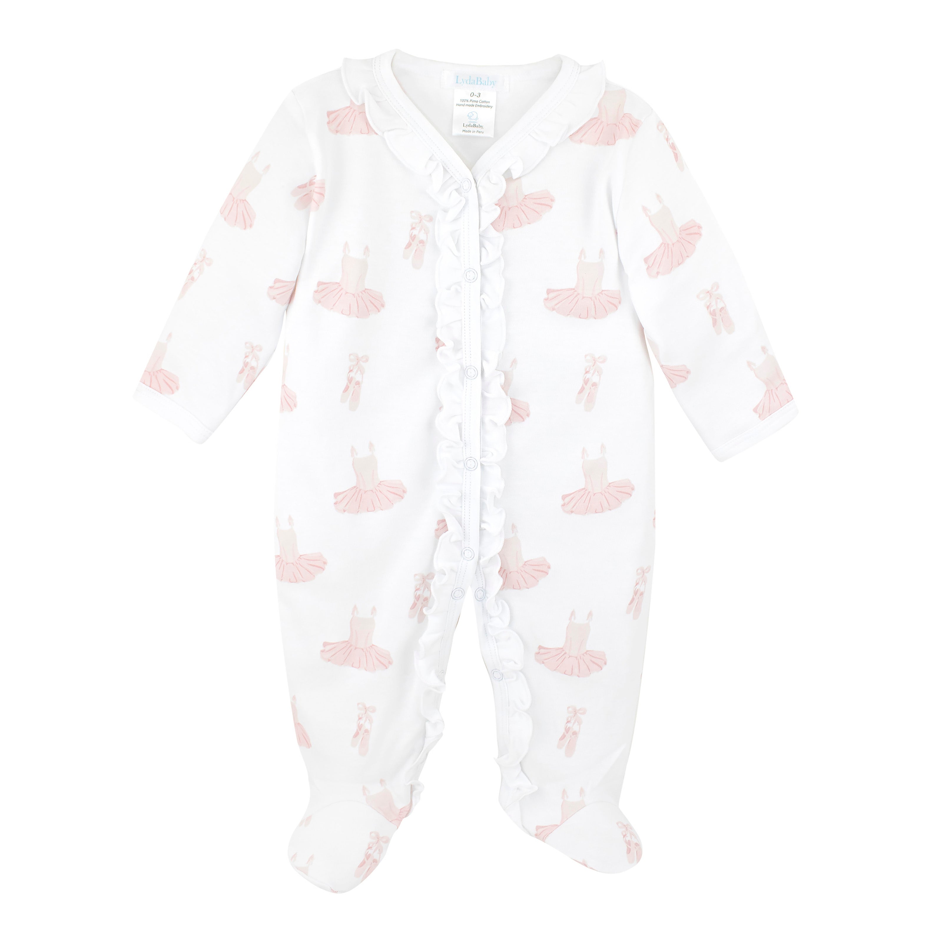 Elegant baby girl footie featuring sweet ballerina dress print, soft ruffles on the chest and snap-front closure, crafted from premium Peruvian Pima cotton for exceptional softness and comfort.