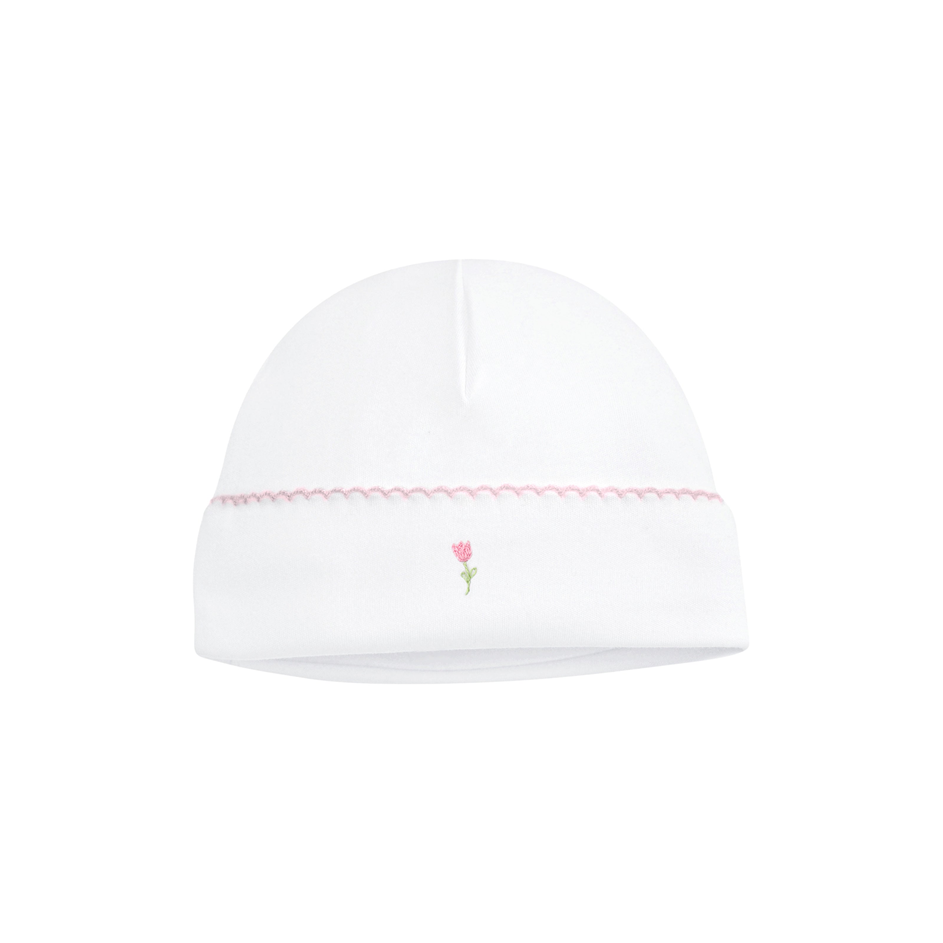 Blooming tulips hand-embroidered on baby girl’s hat made with organic Peruvian Pima cotton — soft, breathable, and skin-loving.