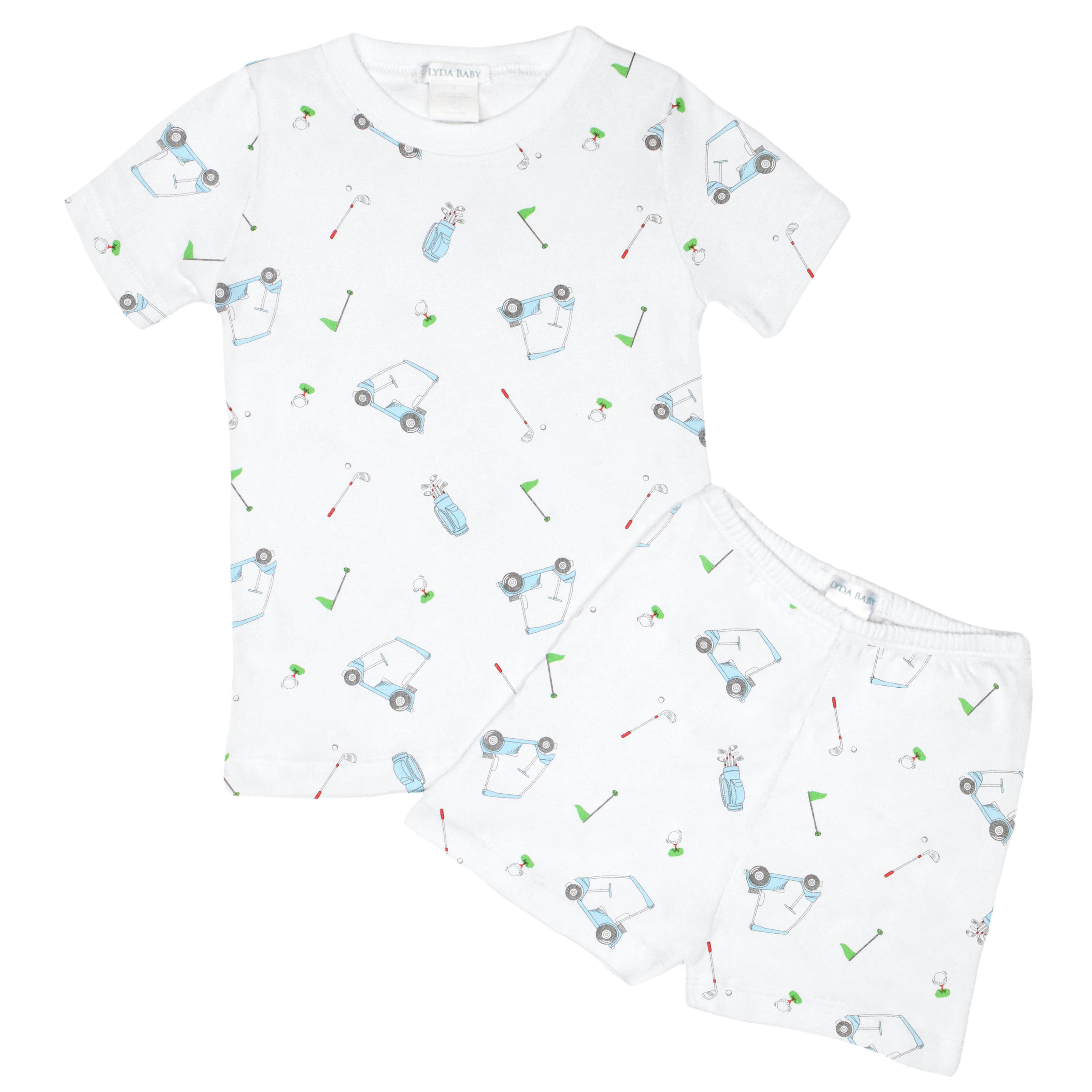 Summer pajama set with short pants for baby boy in printed Peruvian Pima cotton featuring 'Golf game' design — ultra-soft, breathable, and hypoallergenic sleepwear, ideal for luxury boutique baby clothes.