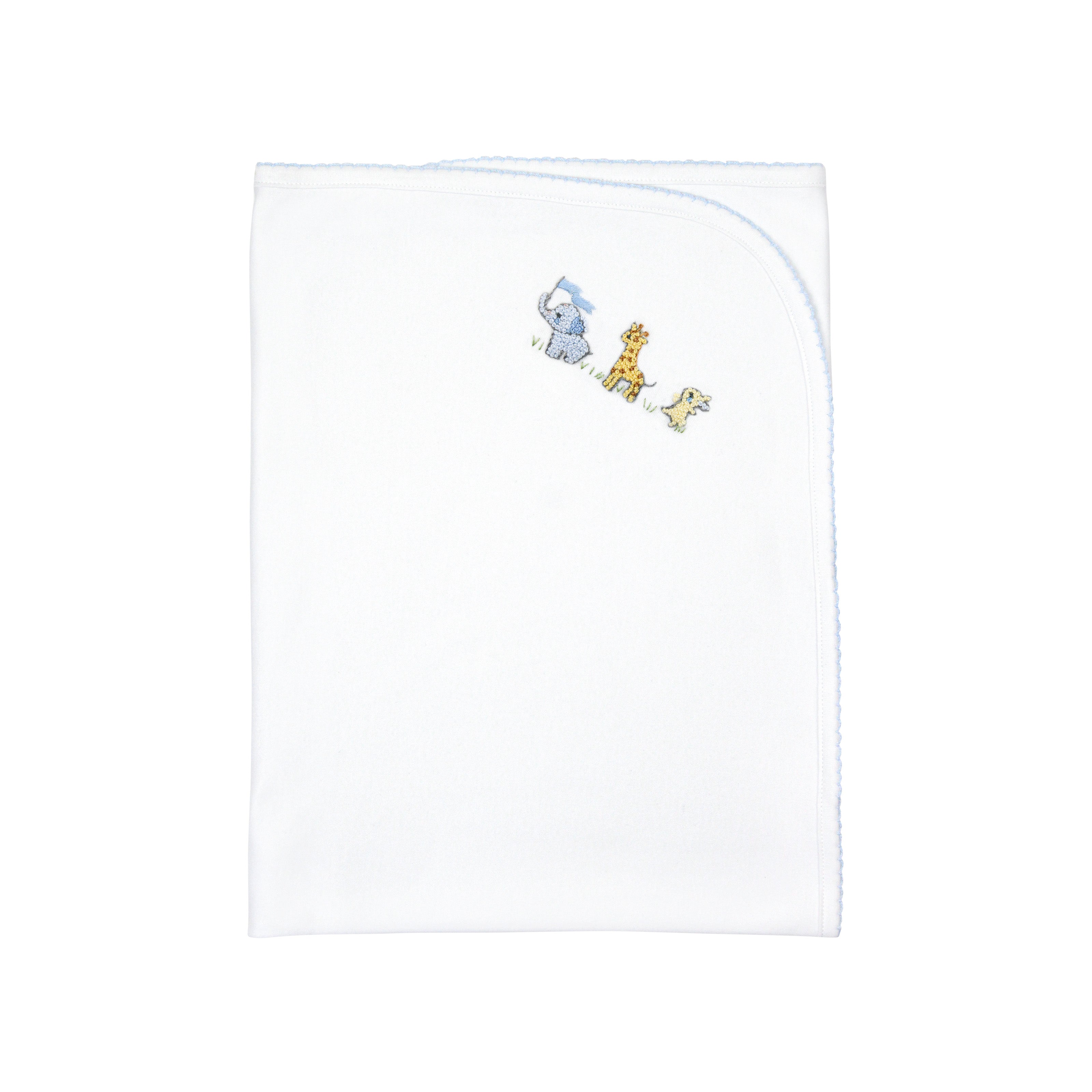 Boys baby blanket featuring hand embroidery of sweet baby animals — crafted from ultra-soft, breathable Peruvian Pima cotton for cozy luxury comfort