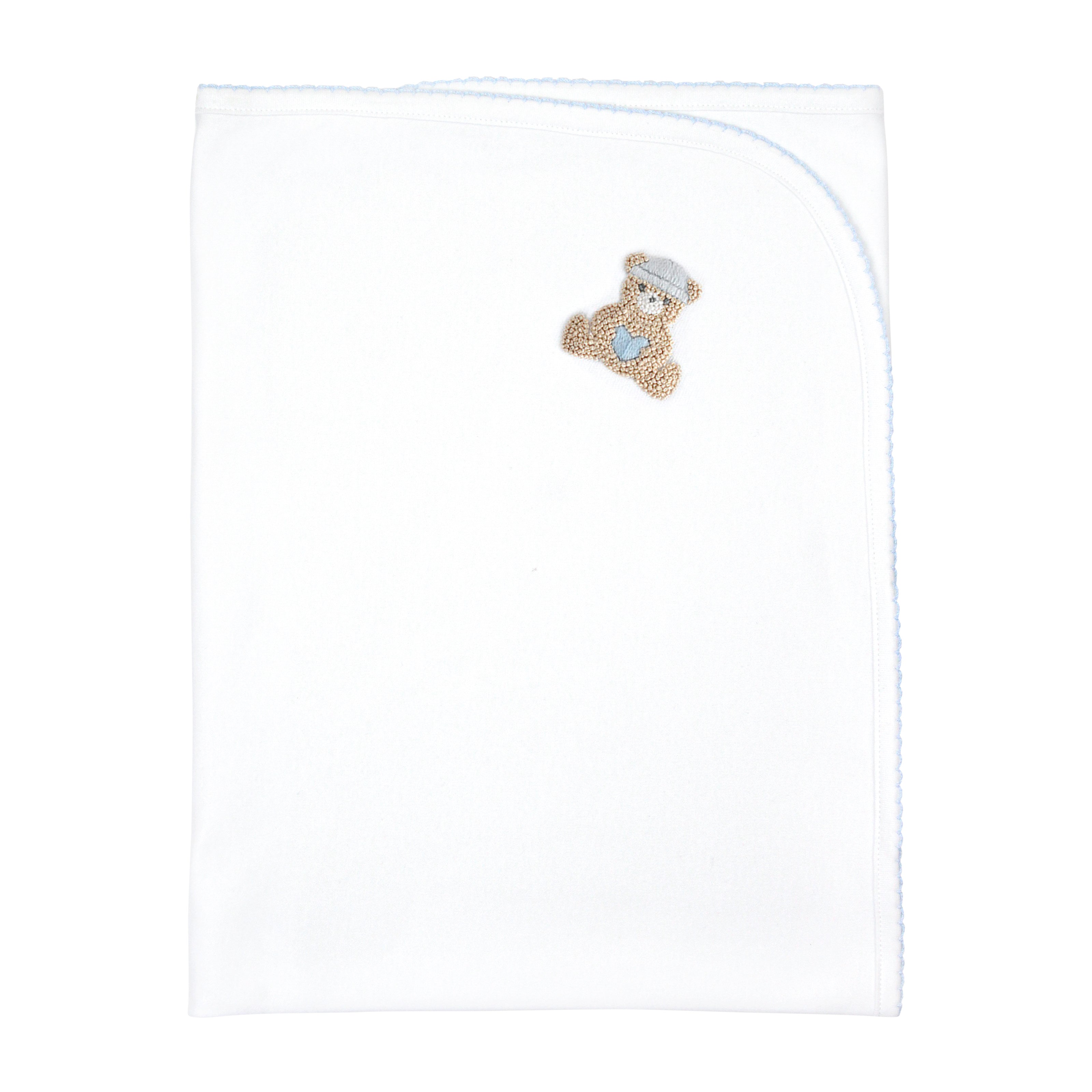 Boys baby blanket hand-embroidered with Love Teddy — made from luxurious Peruvian Pima cotton for warm, soft snuggles.
