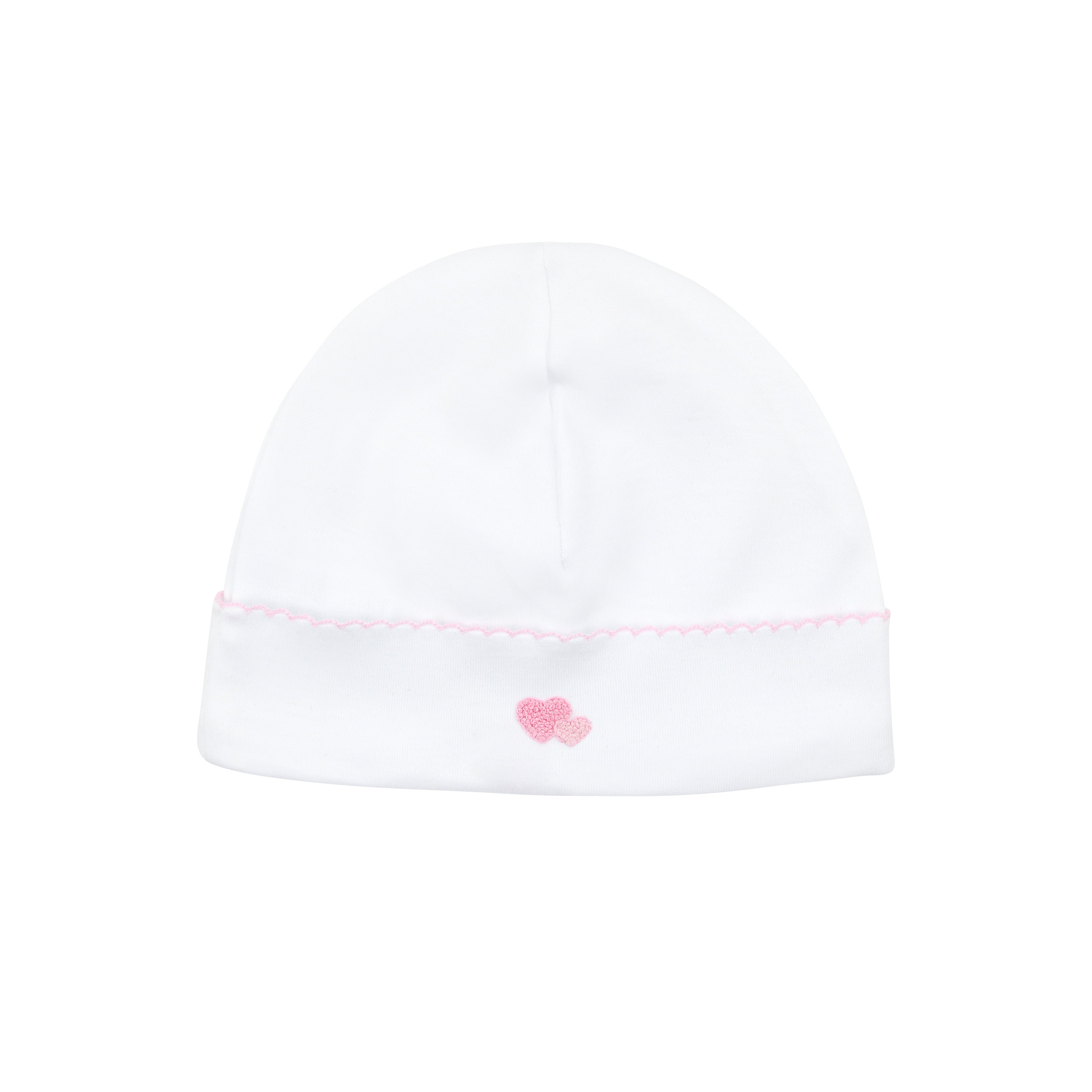 Elegant baby girl hat hand-embroidered with double love hearts on premium organic Peruvian Pima cotton — soft, breathable, and skin-friendly.