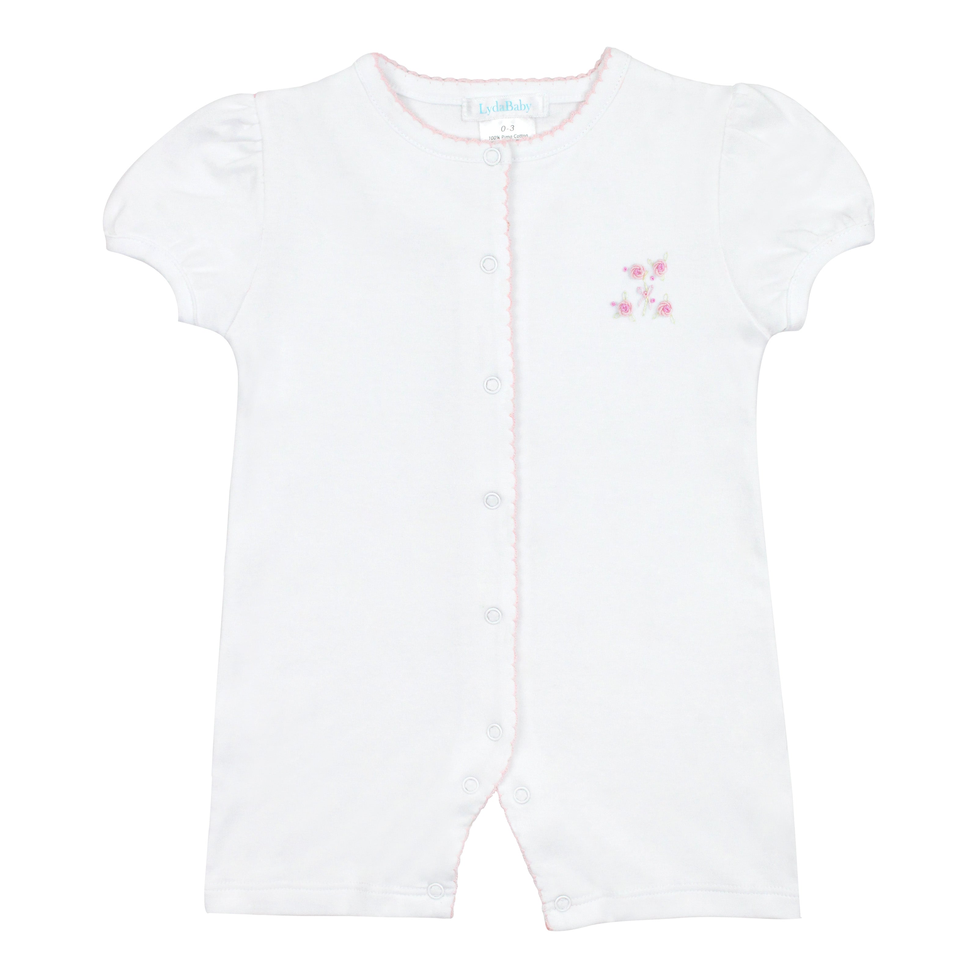 Short-sleeve baby girl romper made from ultra-soft Peruvian Pima cotton, featuring hand-embroidered flowers on the chest and delicate stitched details along the snap opening — breathable, gentle, and perfect for warm days.