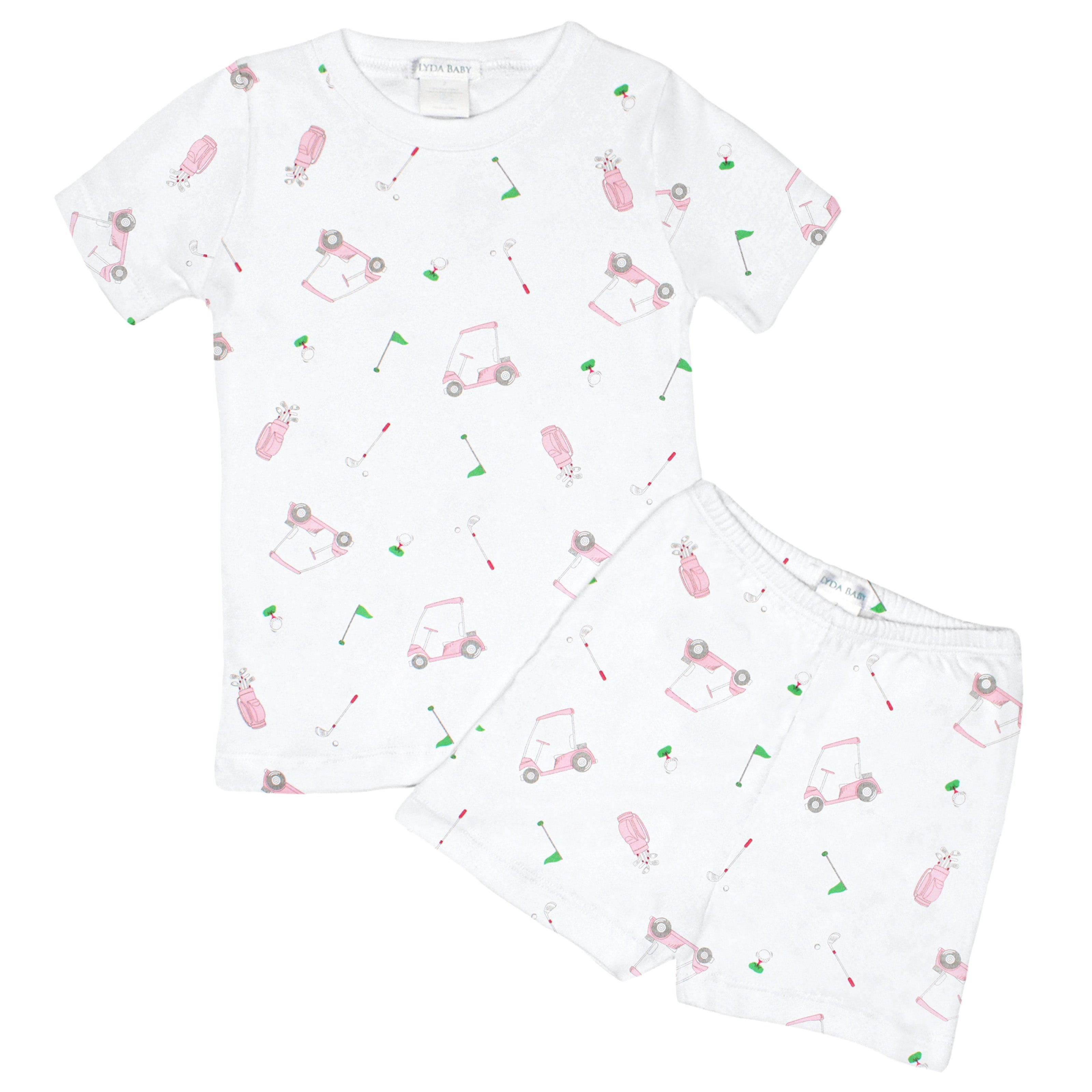 Summer pajama set with short pants for baby girl in printed Peruvian Pima cotton featuring 'Golf game' design — ultra-soft, breathable, and hypoallergenic sleepwear, ideal for luxury boutique baby clothes.