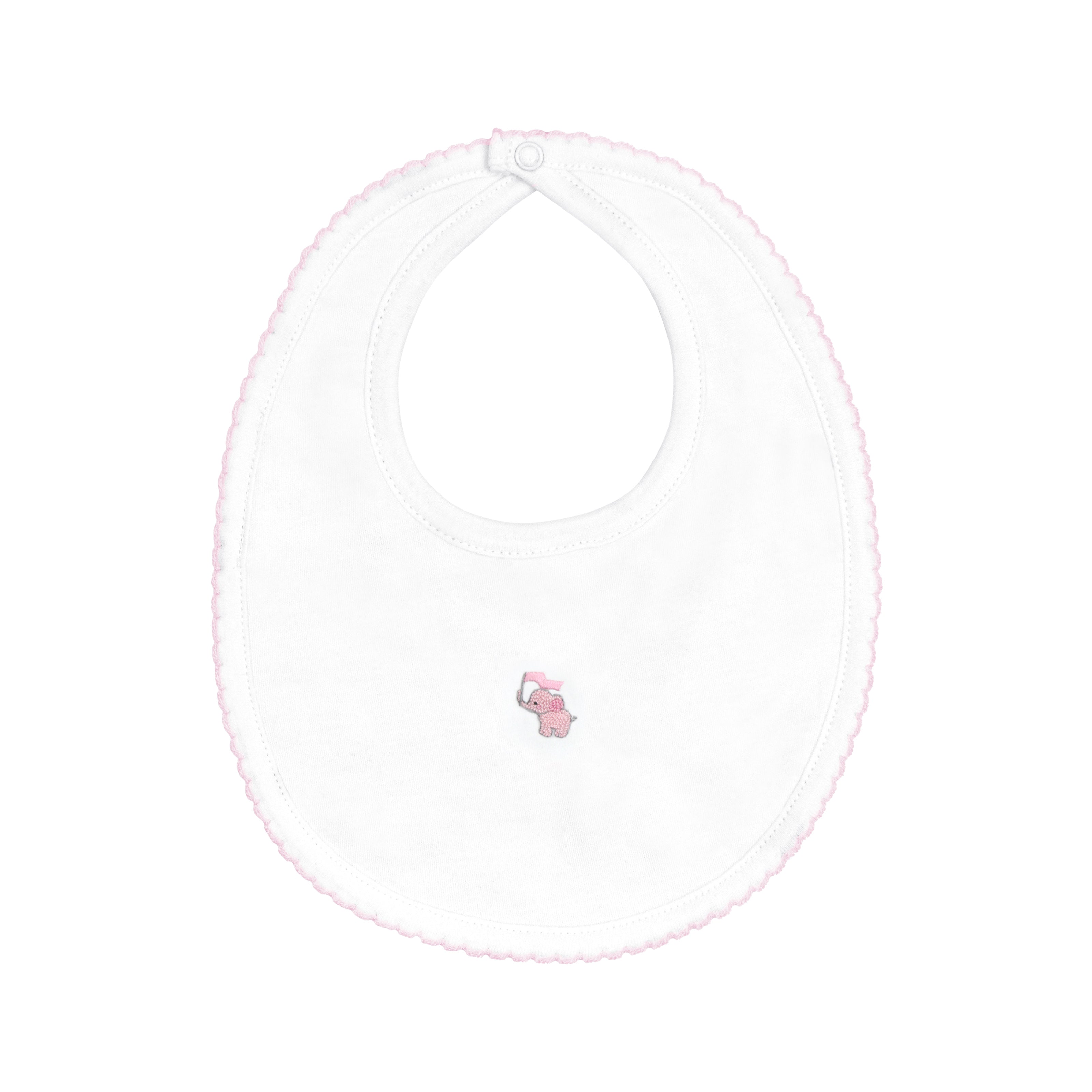 "Girls baby bib featuring hand embroidery of baby animals — crafted from ultra-soft, eco-conscious Peruvian Pima cotton."