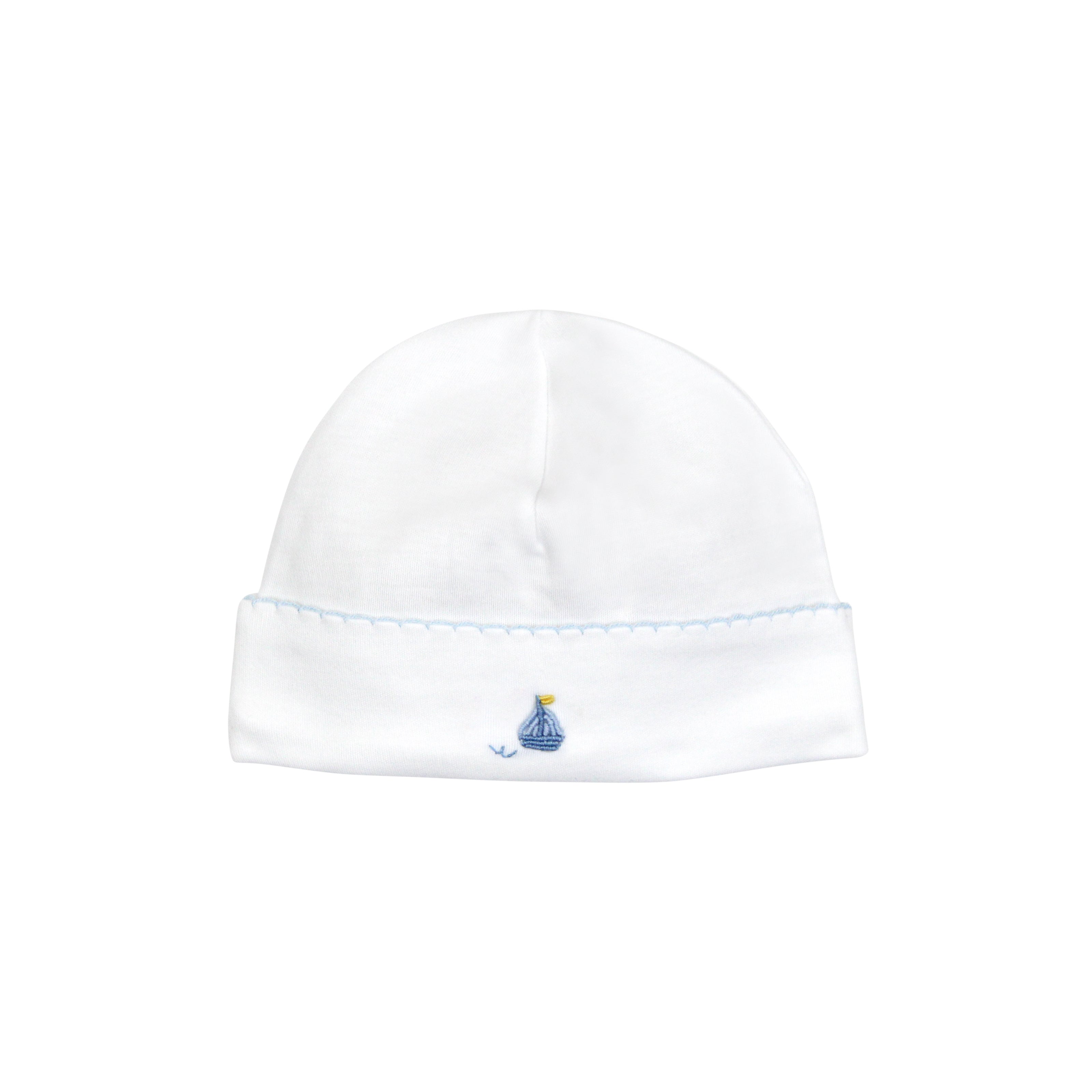 Elegant sailboats hand-embroidered on baby boy hat crafted from soft Peruvian Pima cotton — breathable, gentle, and cozy.