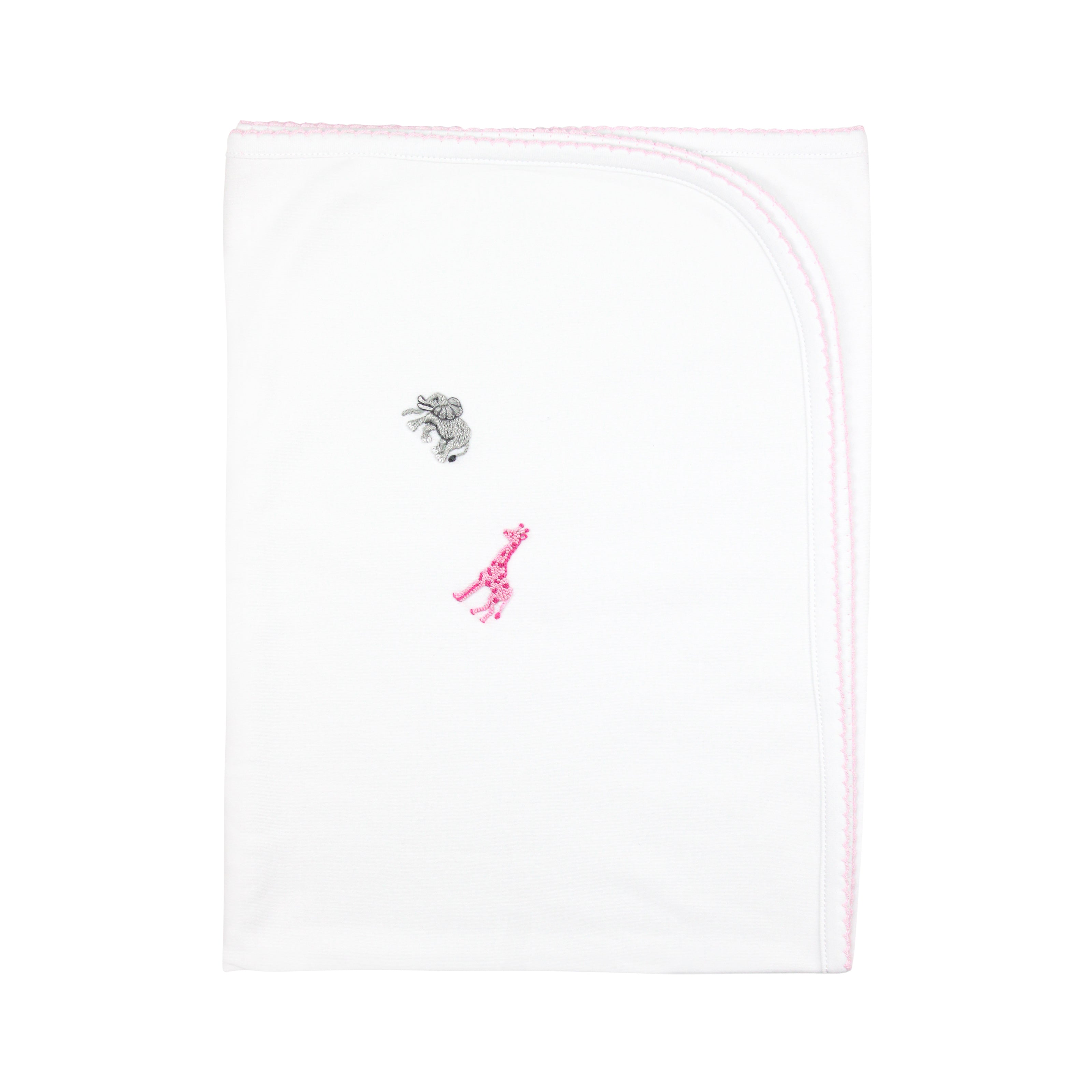 Baby girl blanket in organic Peruvian Pima cotton with safari animals hand-embroidered — gentle on delicate skin and beautifully crafted.