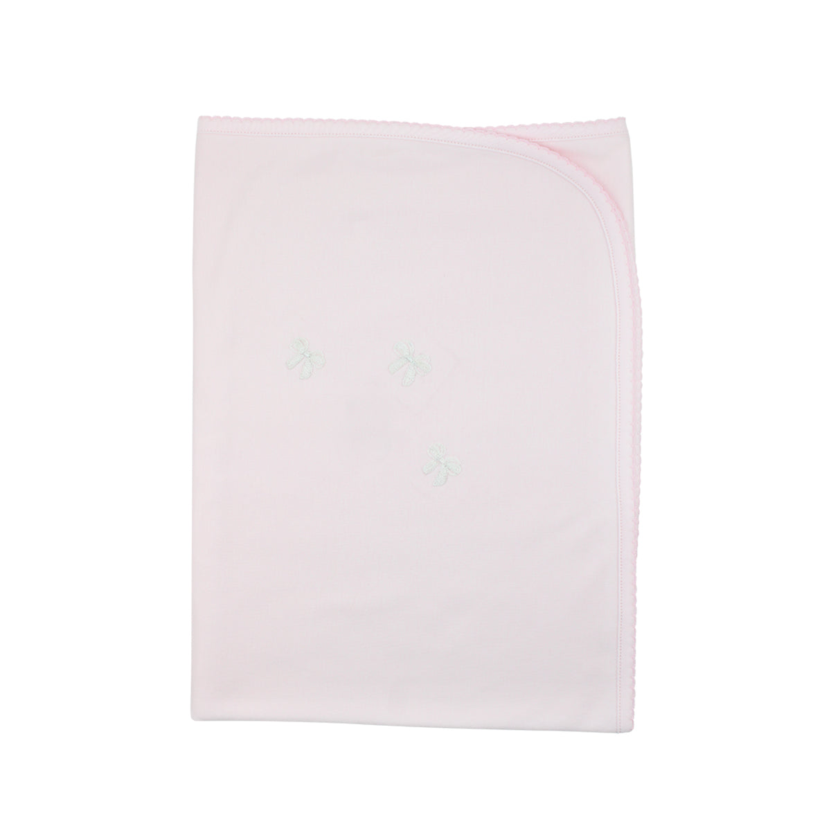 Elegant baby girl blanket with delicate striped bows hand-embroidered on Peruvian Pima cotton — soft, breathable, and made by artisans.