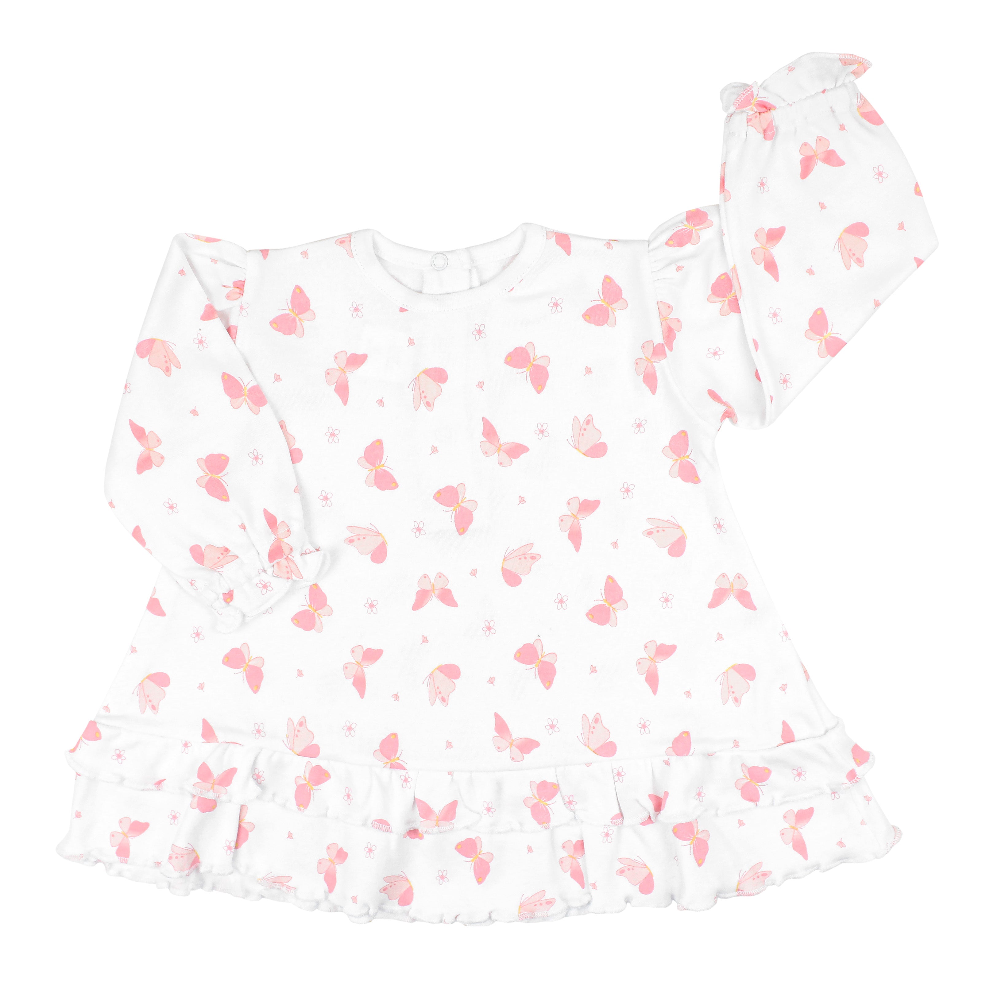 Long sleeve baby girl dress in Peruvian Pima cotton with pink butterflies print and ruffle details — soft, breathable, and perfect for everyday elegance.