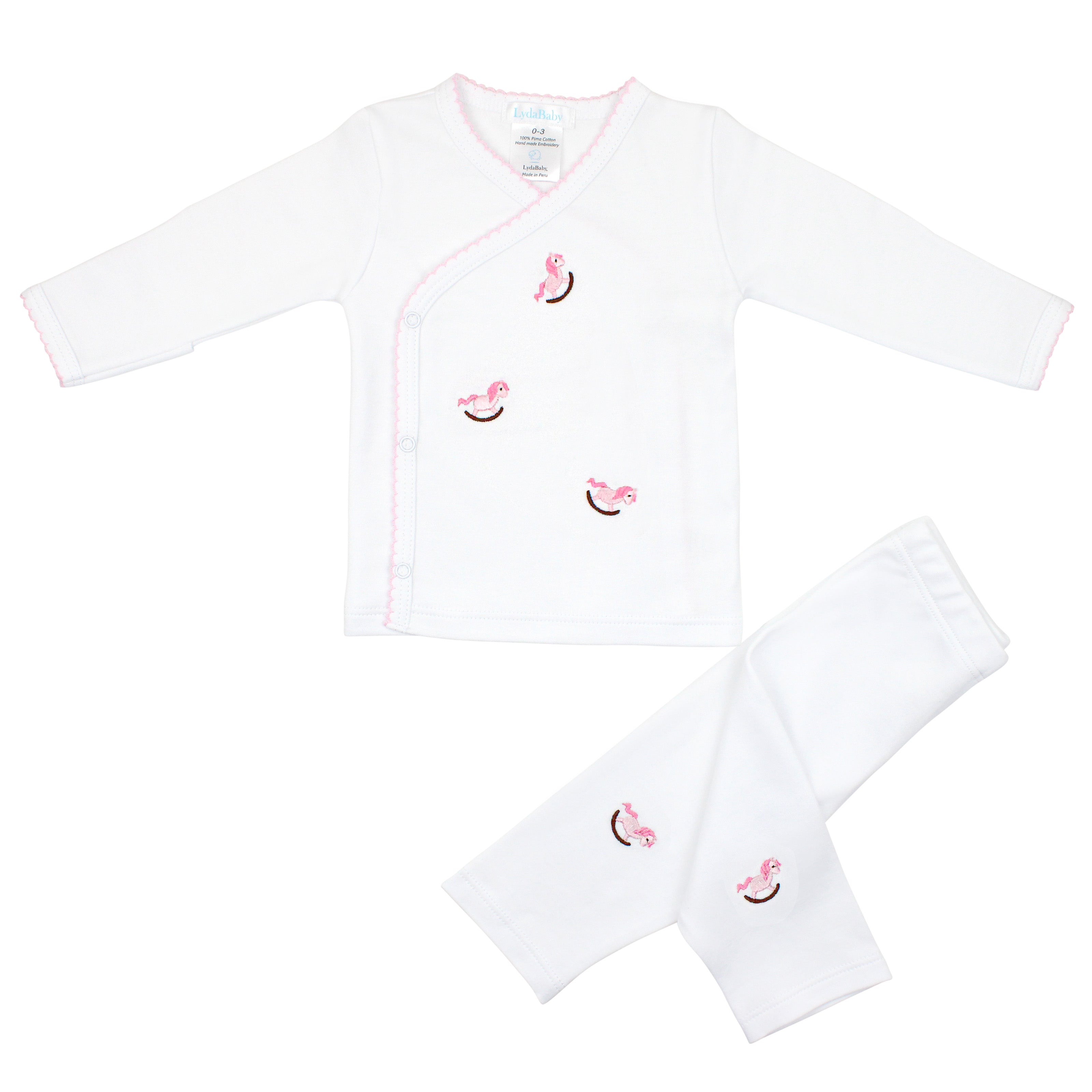 Luxury baby boy 2-piece set in Peruvian Pima cotton with hand embroidery and woodhorse motif