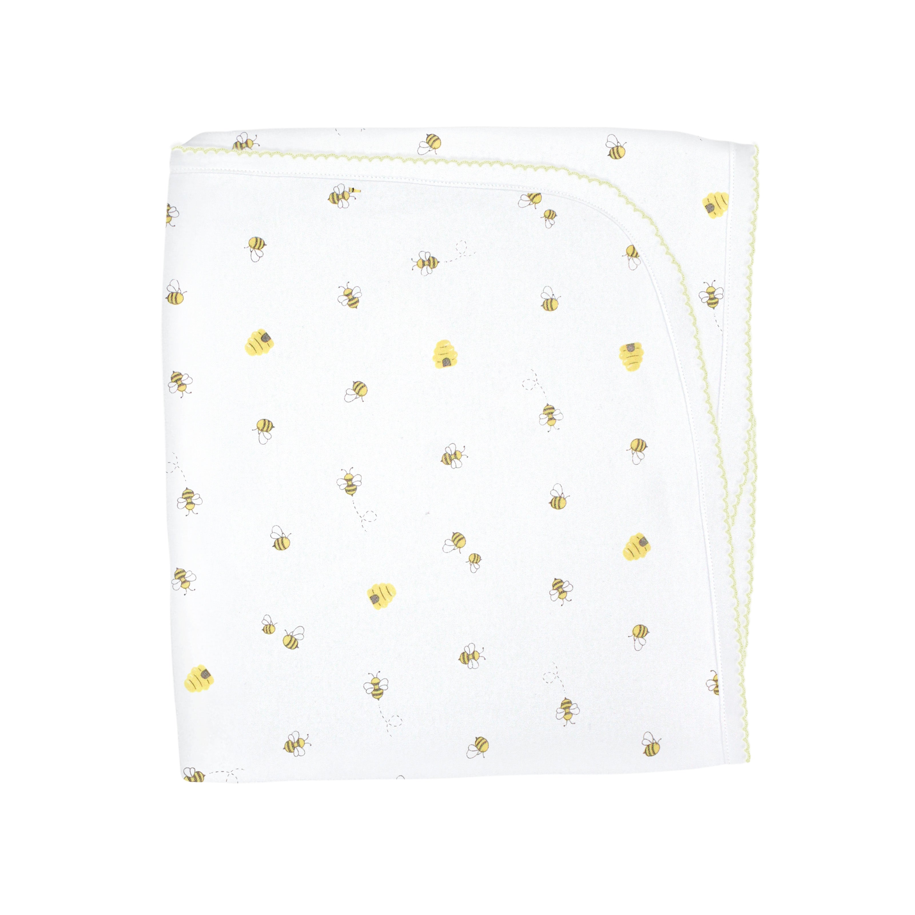 Unisex baby blanket in Peruvian Pima cotton with cheerful bee print — breathable, skin-friendly, and perfect for cozy comfort.