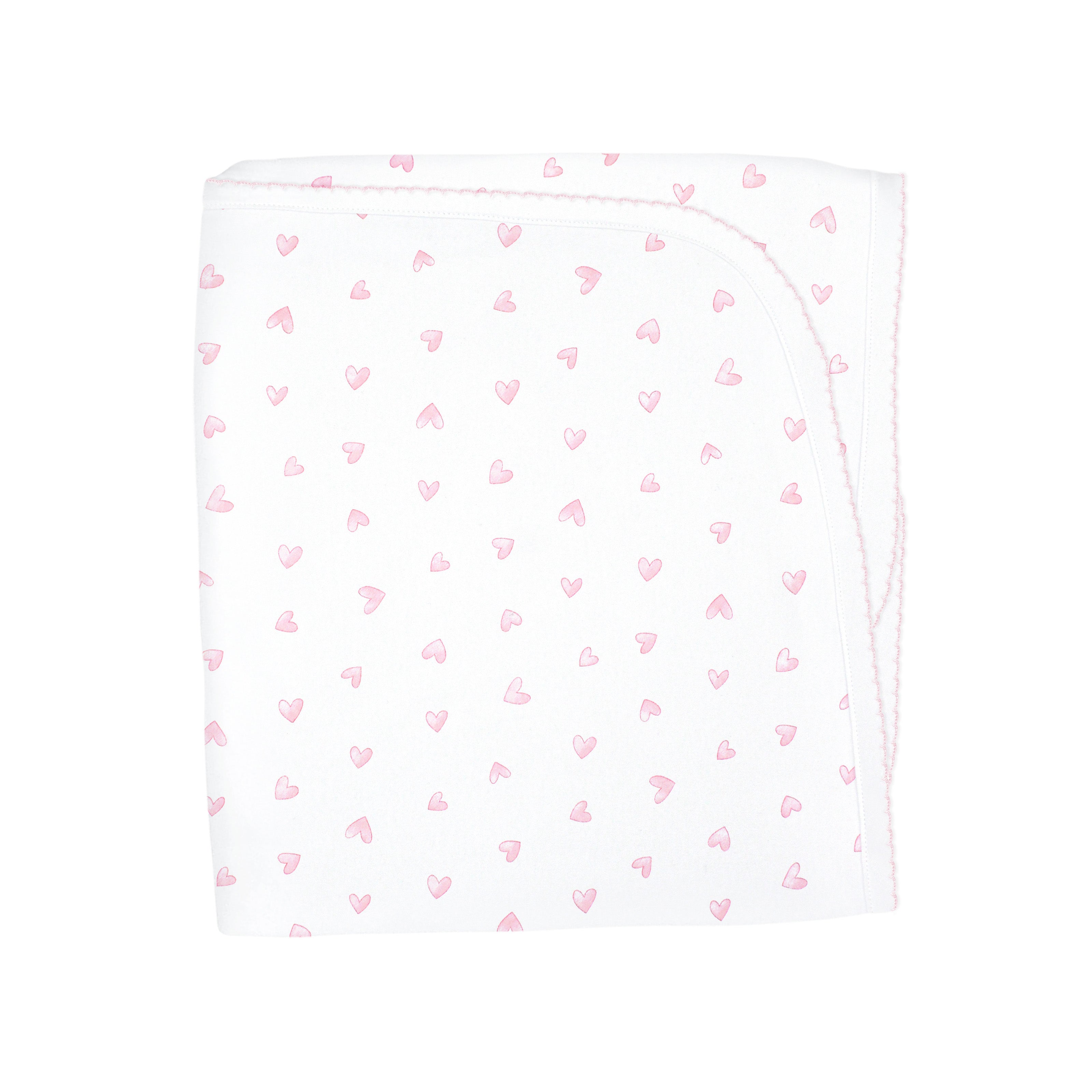Elegant baby girl blanket made from organic Peruvian Pima cotton with festive hearts print — cozy, gentle, and ideal for sensitive skin.