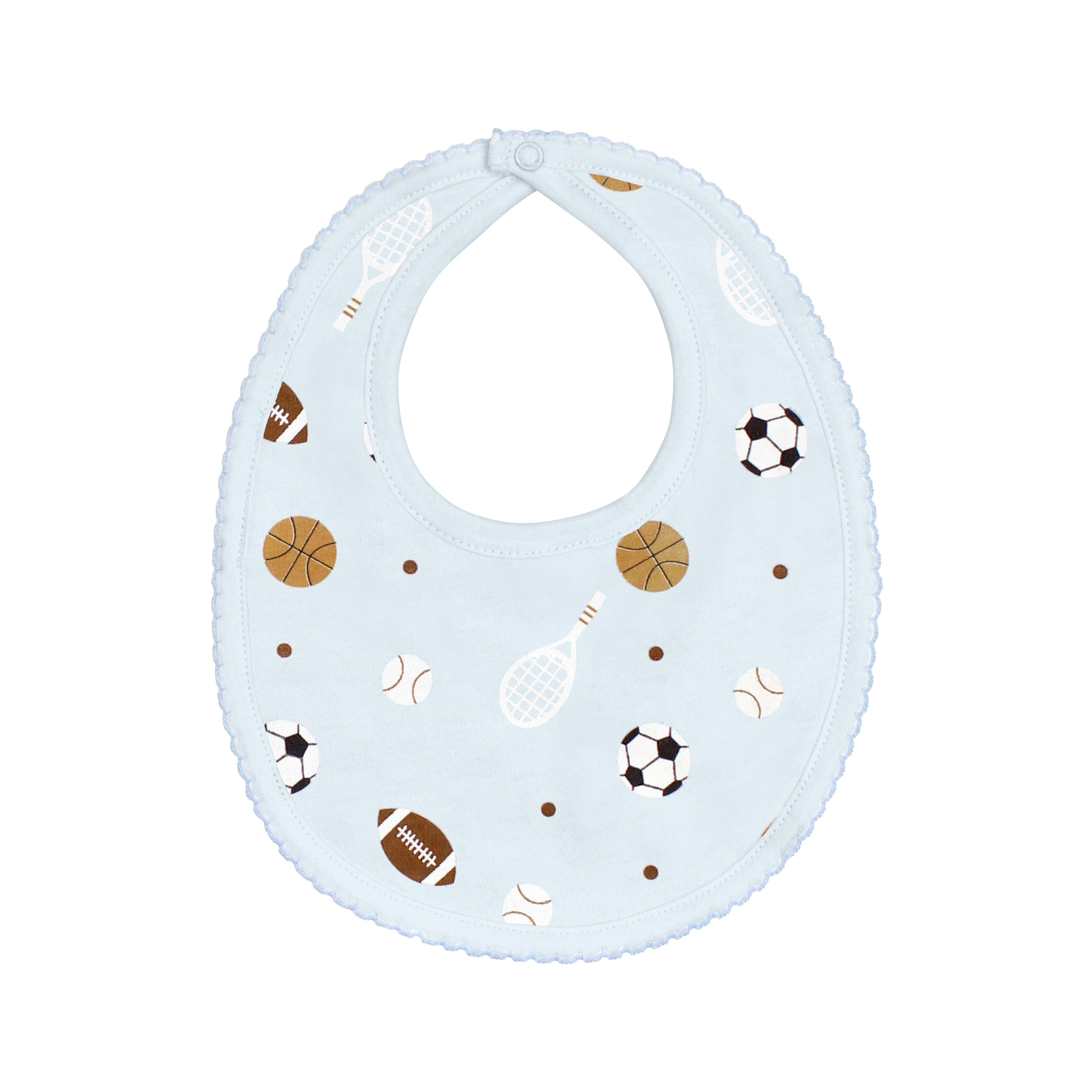 Energetic baby boy bib printed with all star sports motifs on premium Peruvian Pima cotton — soft, breathable, and perfect for sensitive skin.