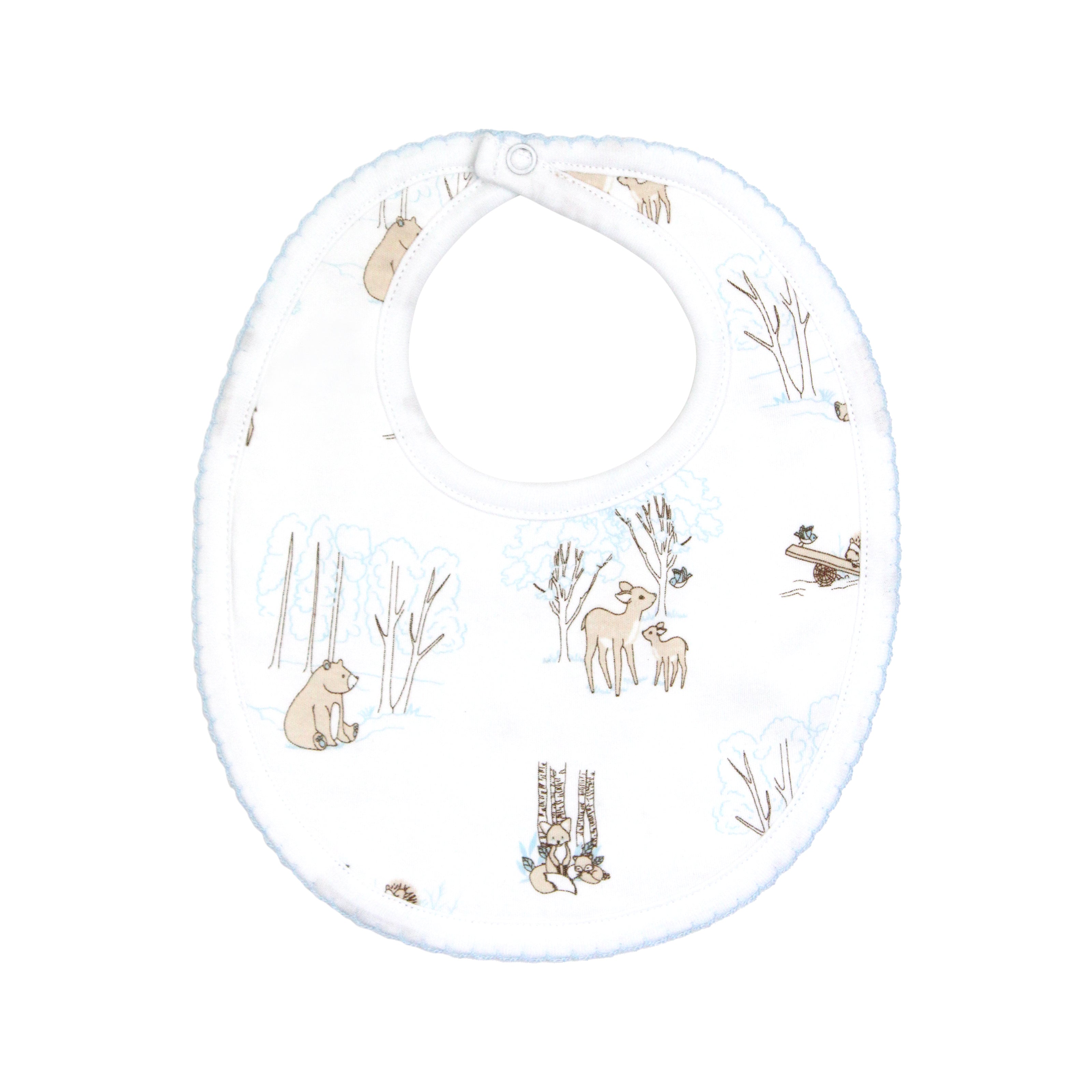 Adorable baby boy bib printed with forest friends design on premium Peruvian Pima cotton — soft, breathable, and baby-friendly.