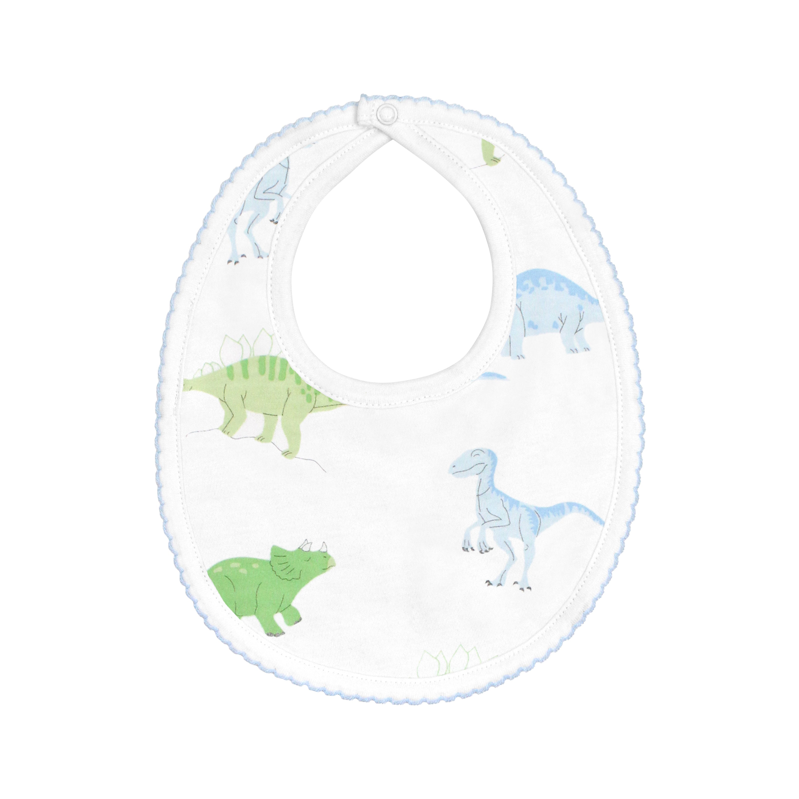 Playful baby boy bib featuring friendly dinos print on soft, breathable Peruvian Pima cotton — gentle and comfy on baby skin.