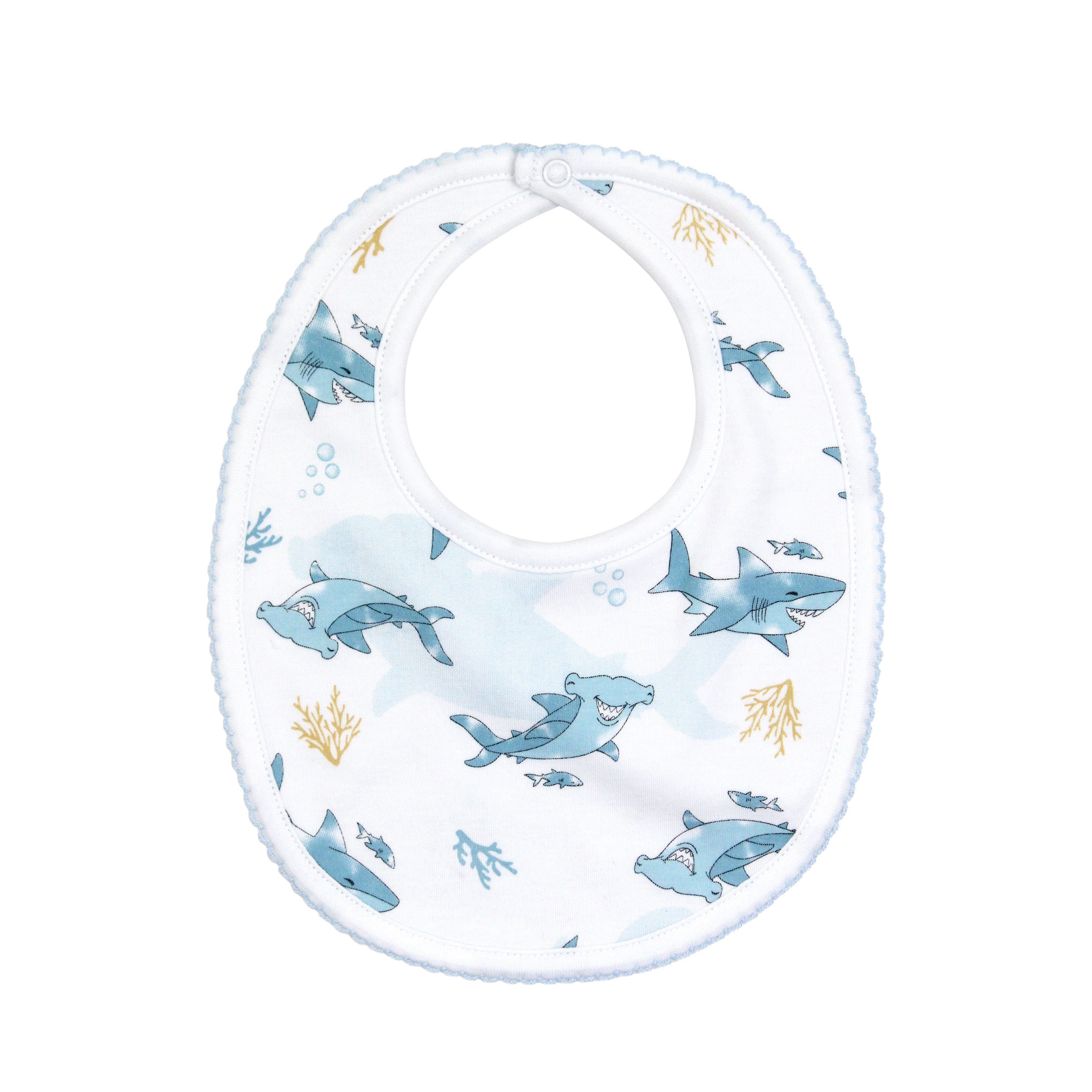 Cute baby boy bib printed with friendly sharks motif on soft, breathable Peruvian Pima cotton — gentle and comfy for delicate skin.