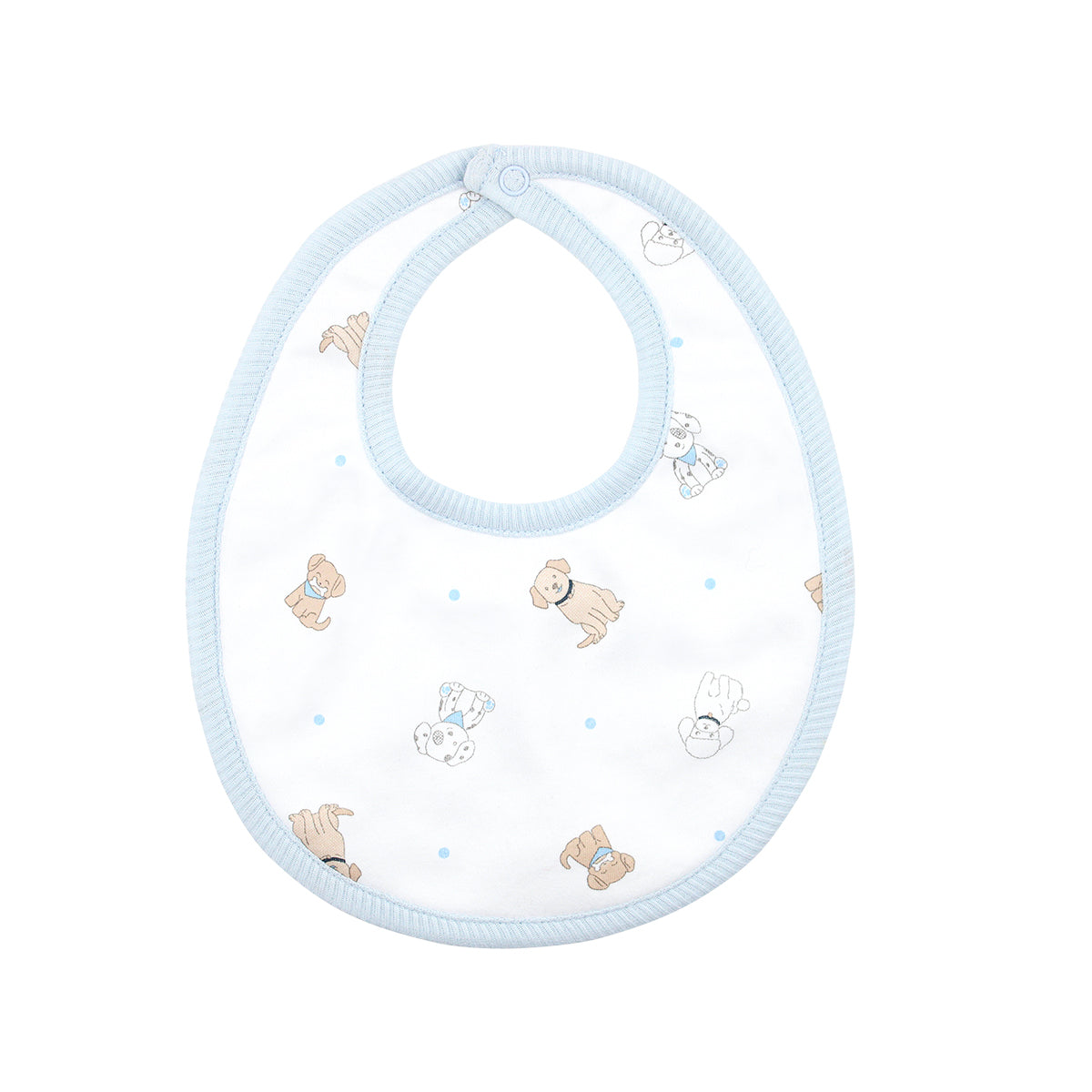 Cute baby boy bib printed with puppy love design on premium Peruvian Pima cotton — soft, breathable, and gentle for baby skin.
