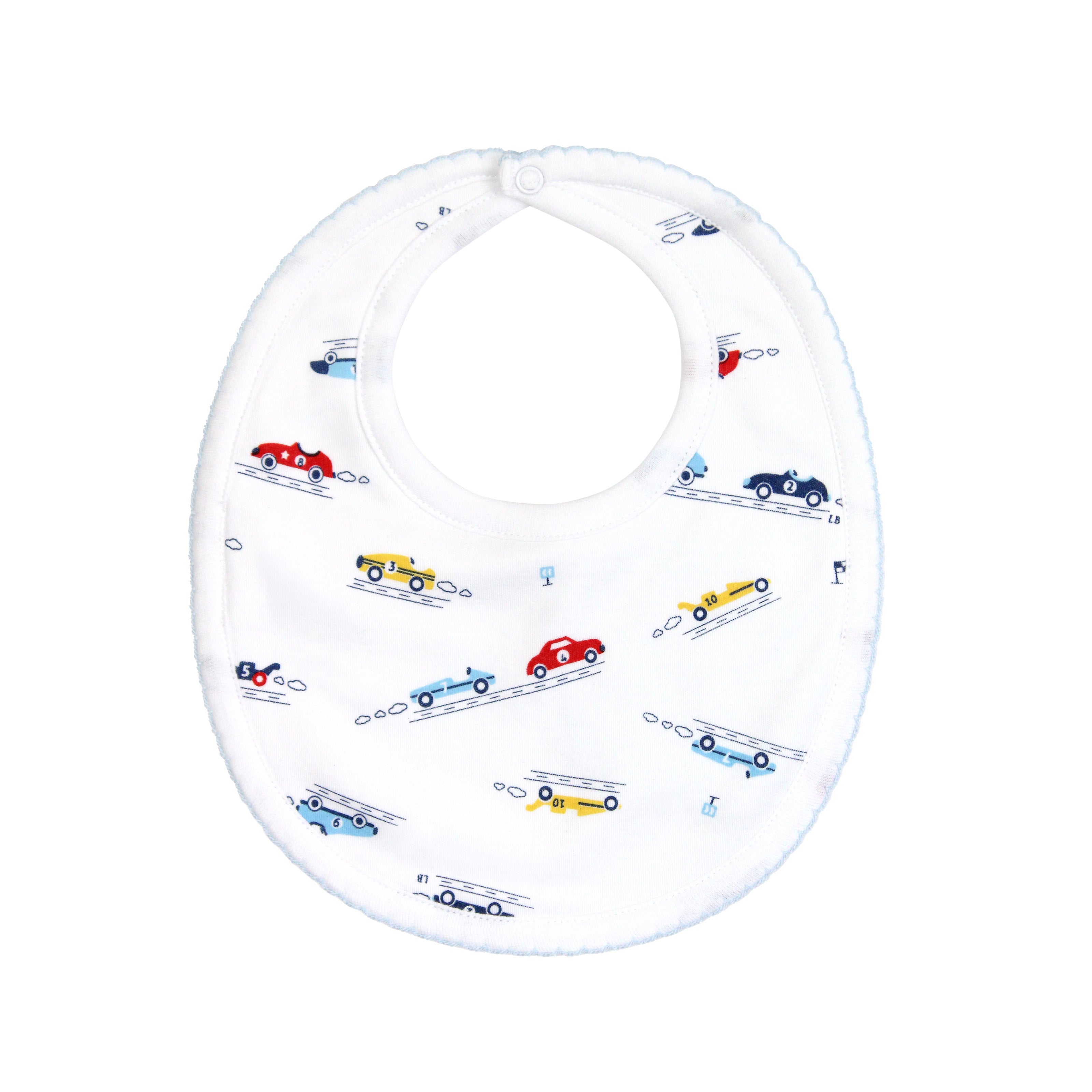 Dynamic baby boy bib printed with racers motif on premium Peruvian Pima cotton — soft, breathable, and perfect for sensitive skin.