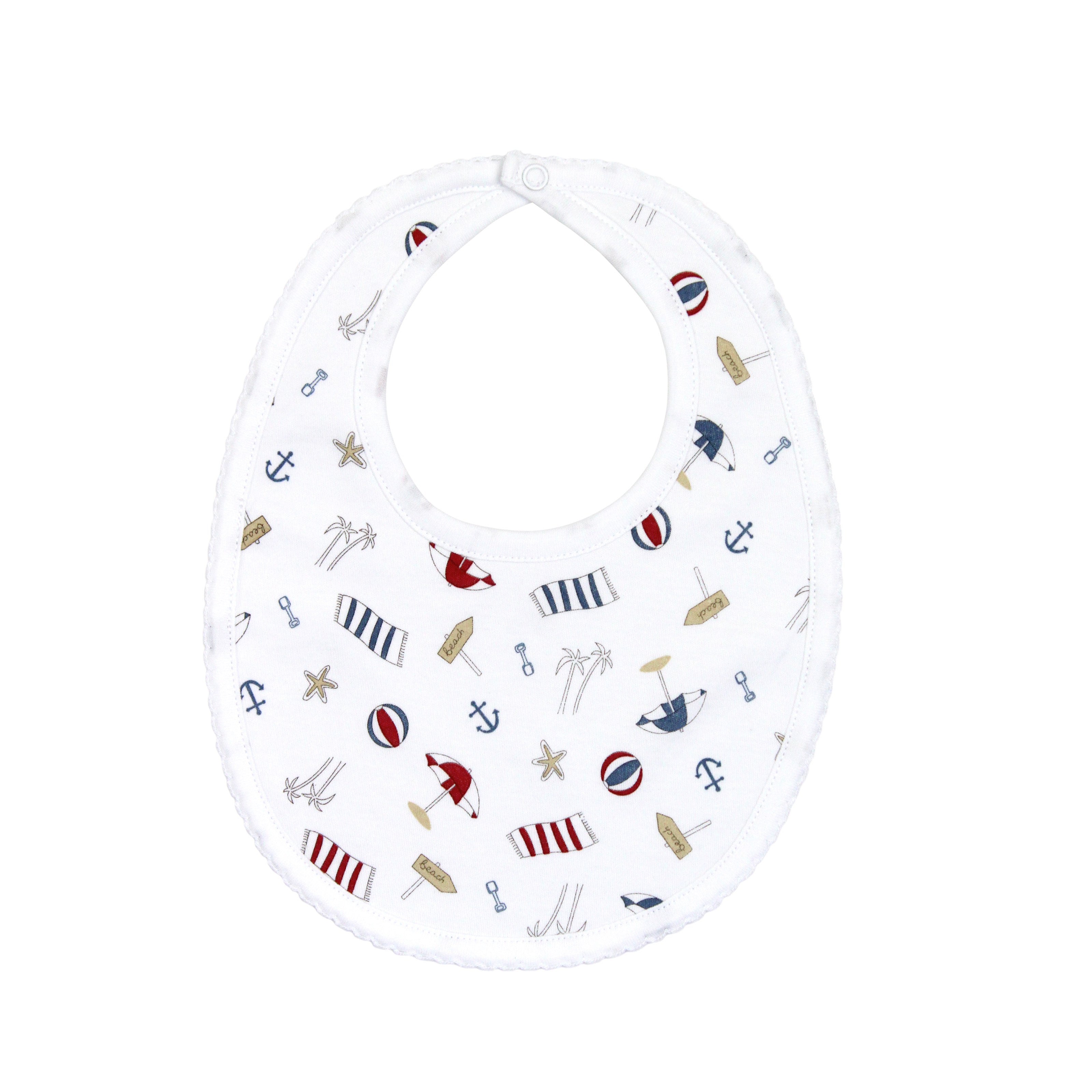 Bright and playful baby boy bib printed with “Ready for the Summer” design on soft Peruvian Pima cotton — breathable and gentle for baby skin.