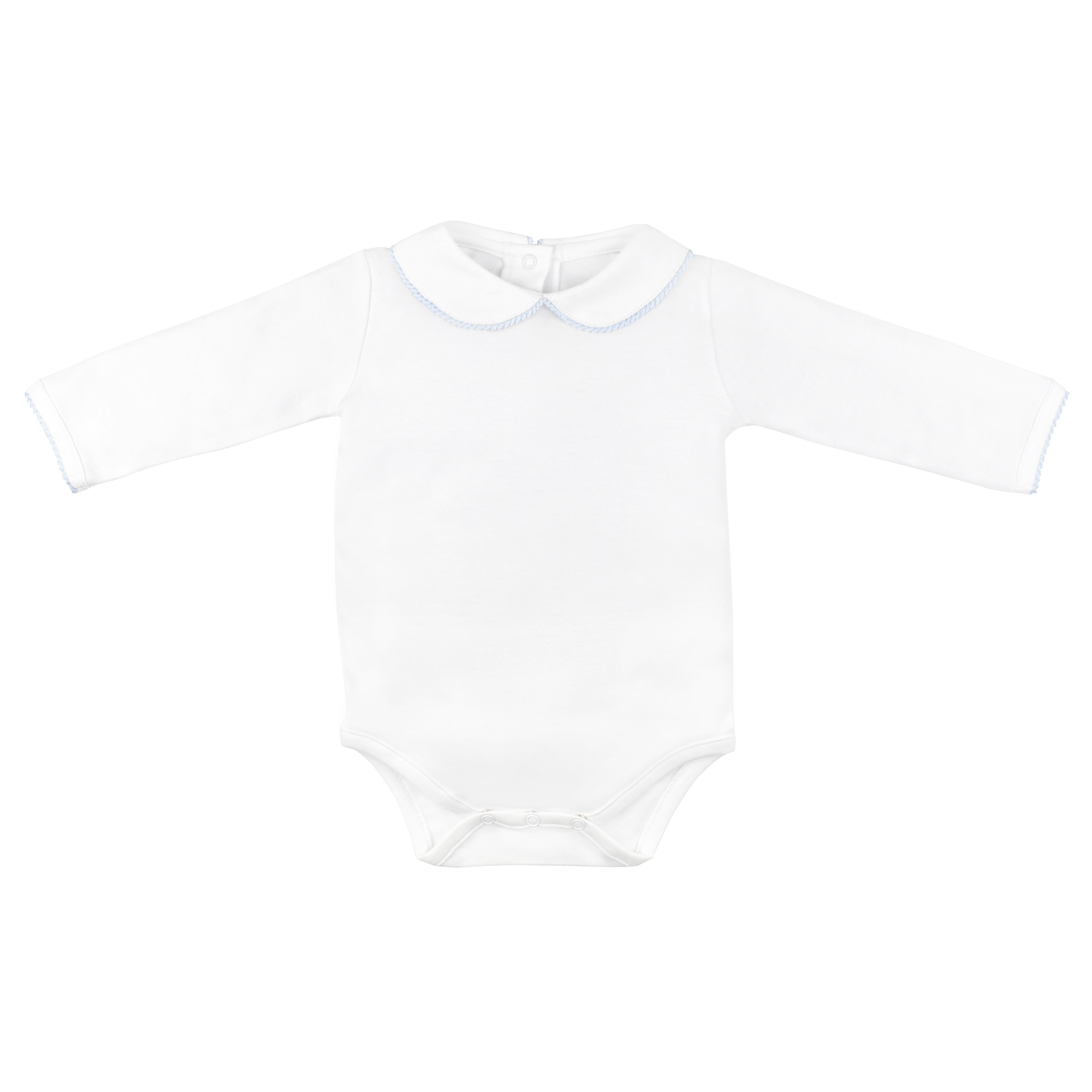 Luxury baby boy body in Peruvian Pima cotton with blue crochet collar and cuffs, long sleeves, snap closures