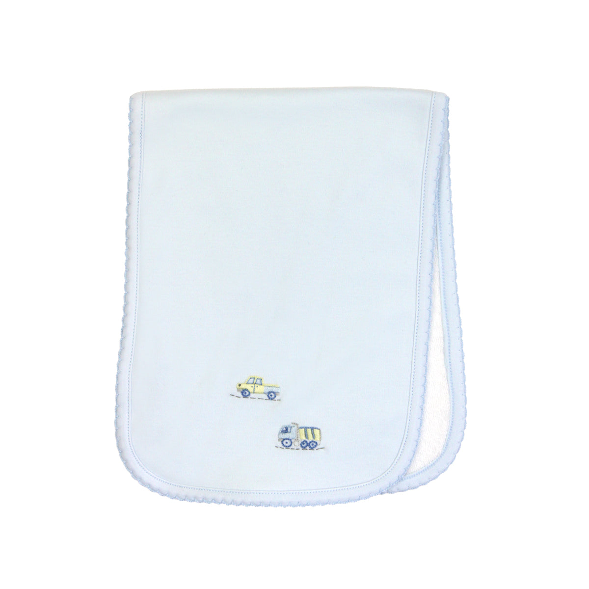 Luxury baby boy burpie delicately hand-embroidered with charming cars and trucks, crafted from premium Peruvian Pima cotton — soft, absorbent, and artisan-made.