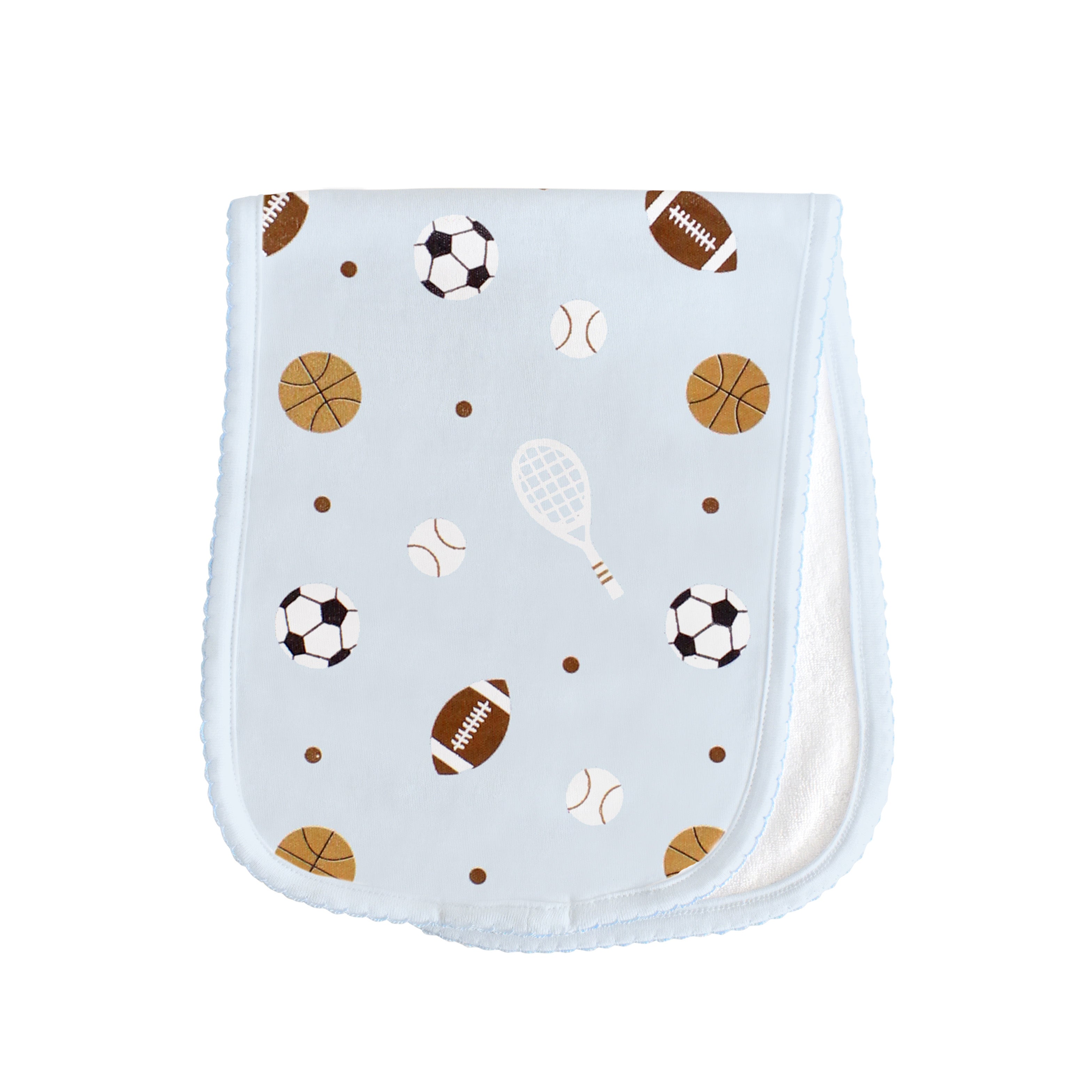 Sporty baby boy burpie featuring playful sports motifs, printed on the finest Peruvian Pima cotton for superior comfort and absorbency.