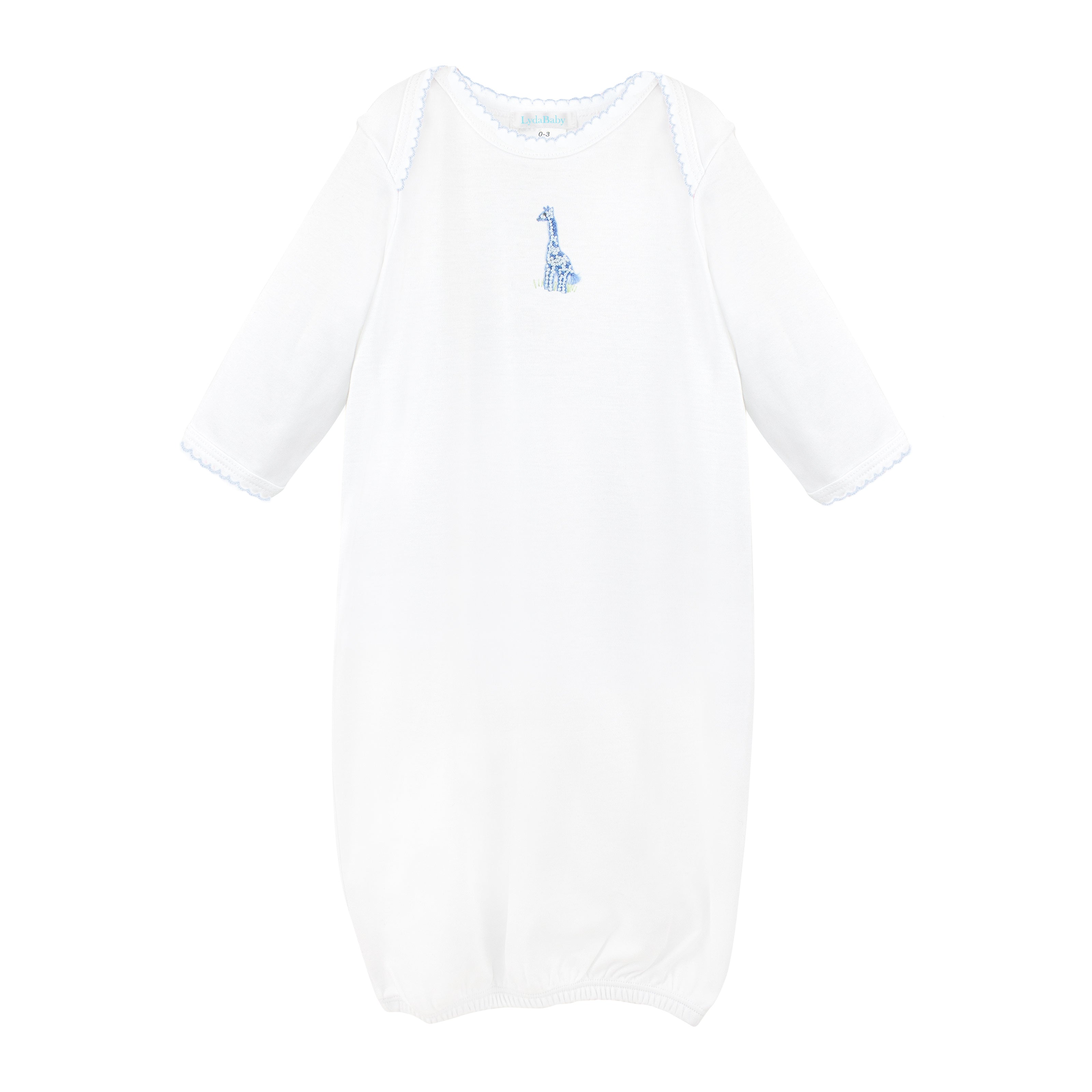 Elegant baby boy converter gown, delicately hand-embroidered with safari animals by Peruvian artisans — made from the finest Pima cotton for ultimate softness and sophistication.