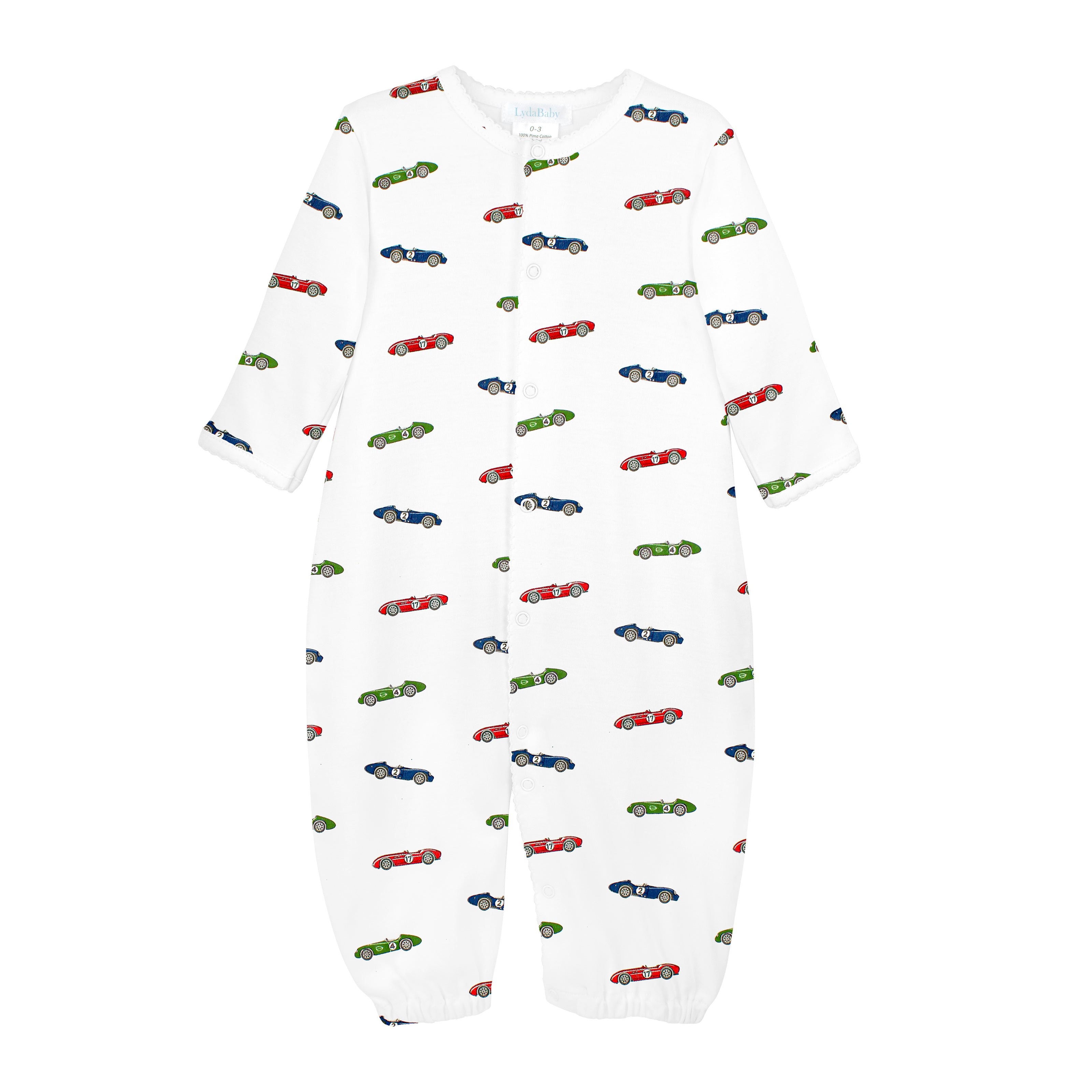 Classic baby boy converter with vintage racing cars print on soft, breathable Peruvian Pima cotton — comfy and gentle for baby’s skin.