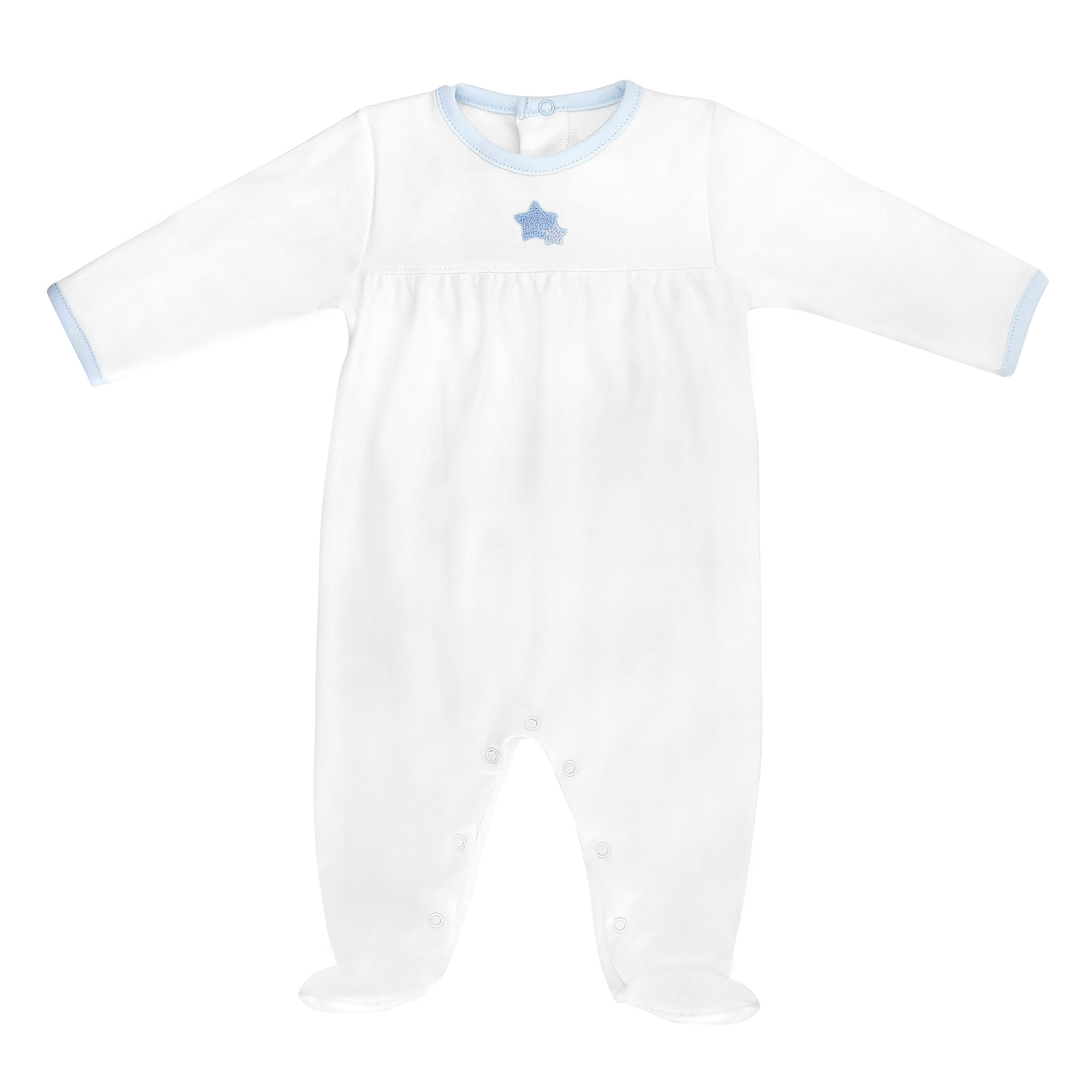 Baby boy footie in Peruvian Pima cotton with embroidered double stars and soft ruffle accent — warm, elegant, and baby-friendly.