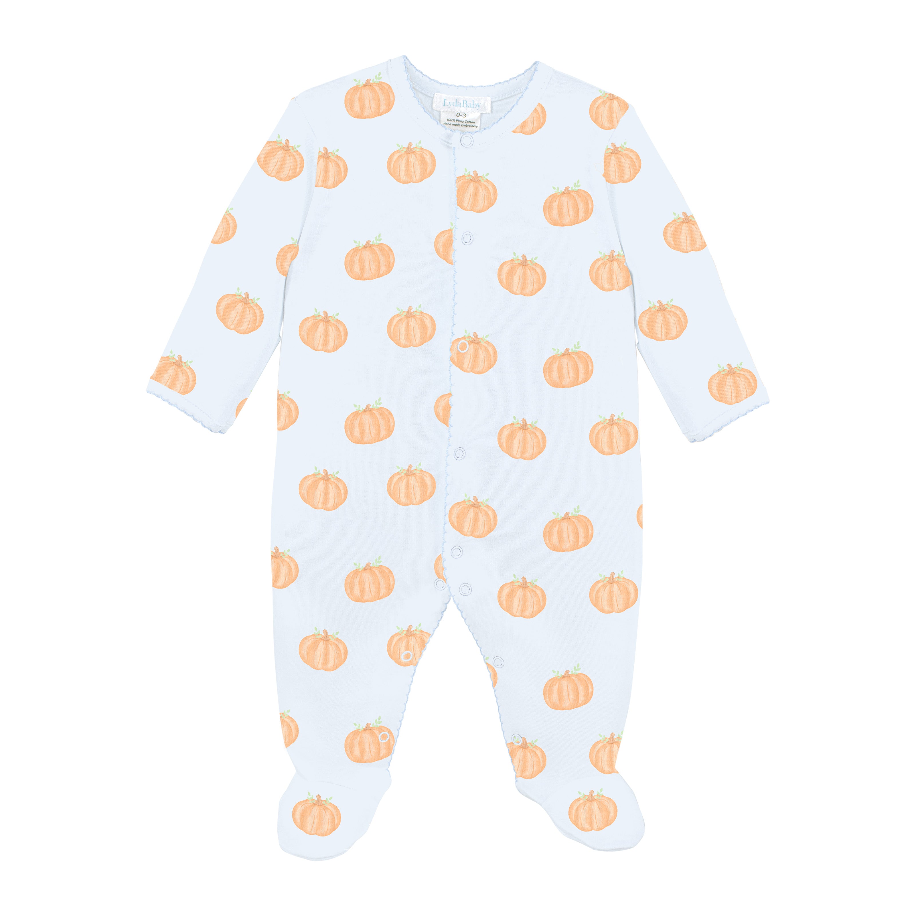 Luxury baby boy footie in light blue Peruvian Pima cotton with festive orange pumpkin print, soft and breathable for babies.