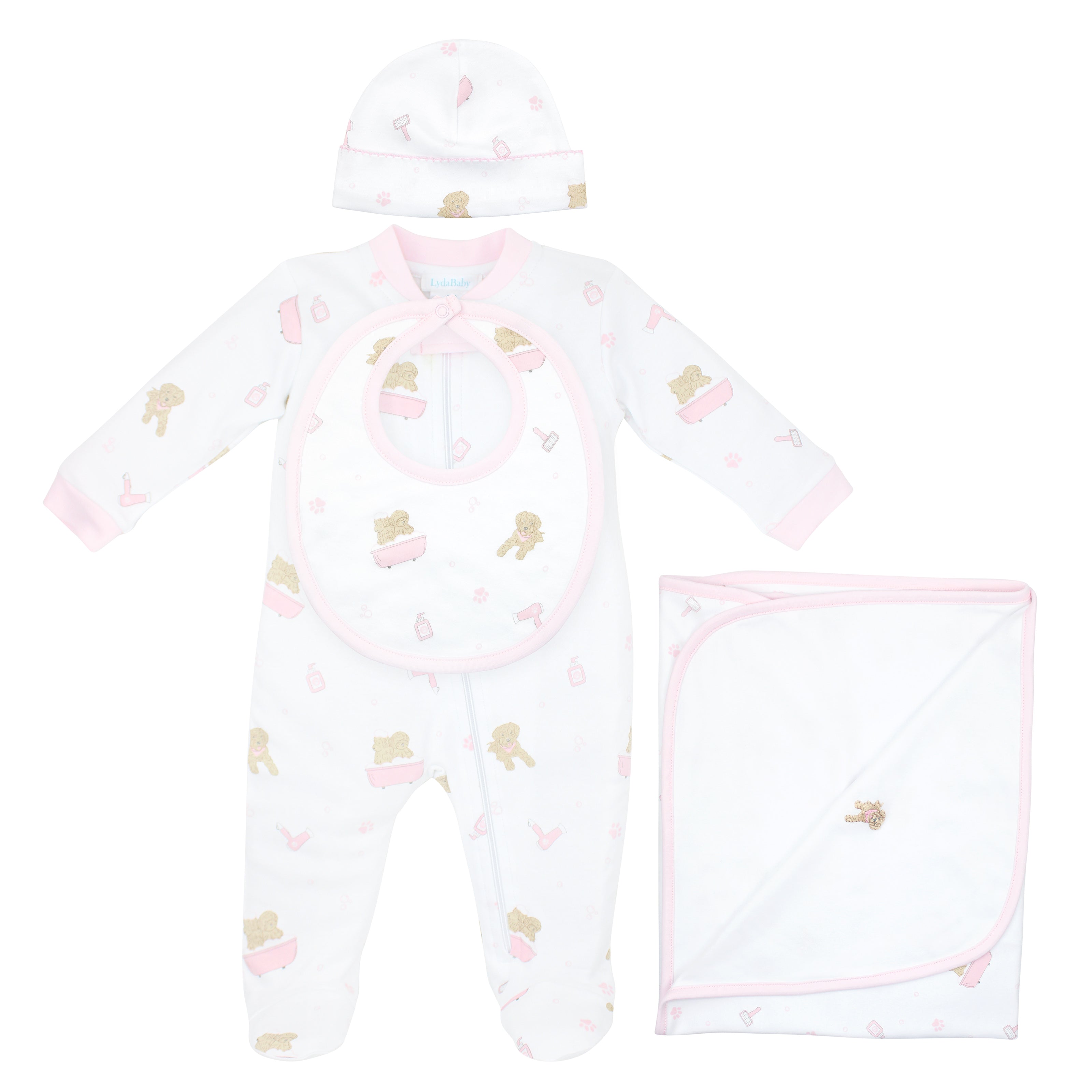 4-piece luxury baby boy set in Peruvian Pima cotton with "Pet Spa" print — includes footie, blanket, burpie, hat, and bib.