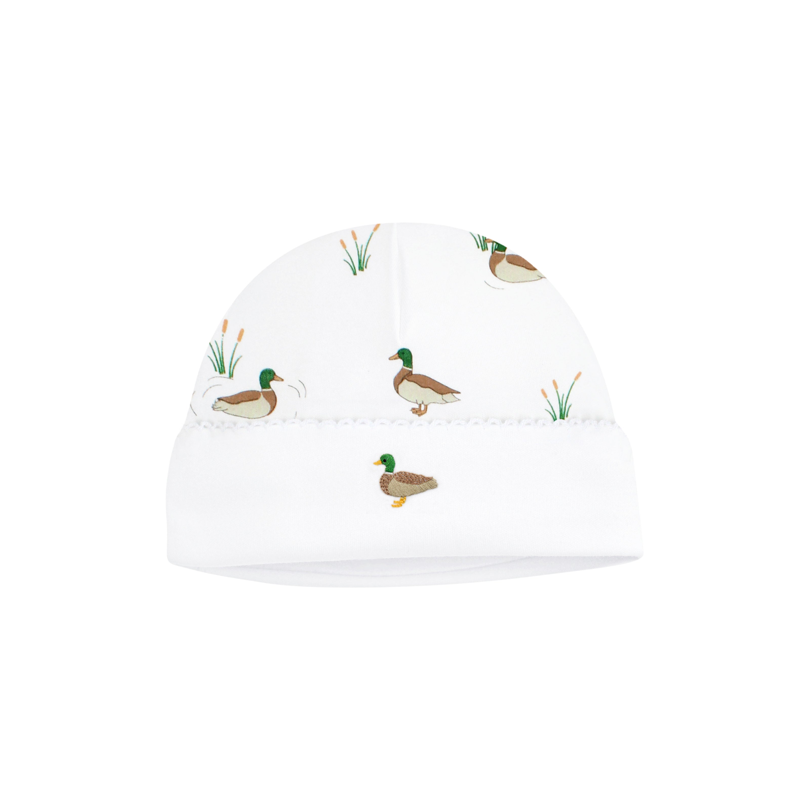Baby boy hat with hand-embroidered ducks and soft printed stripes — cozy, classic, and breathable.