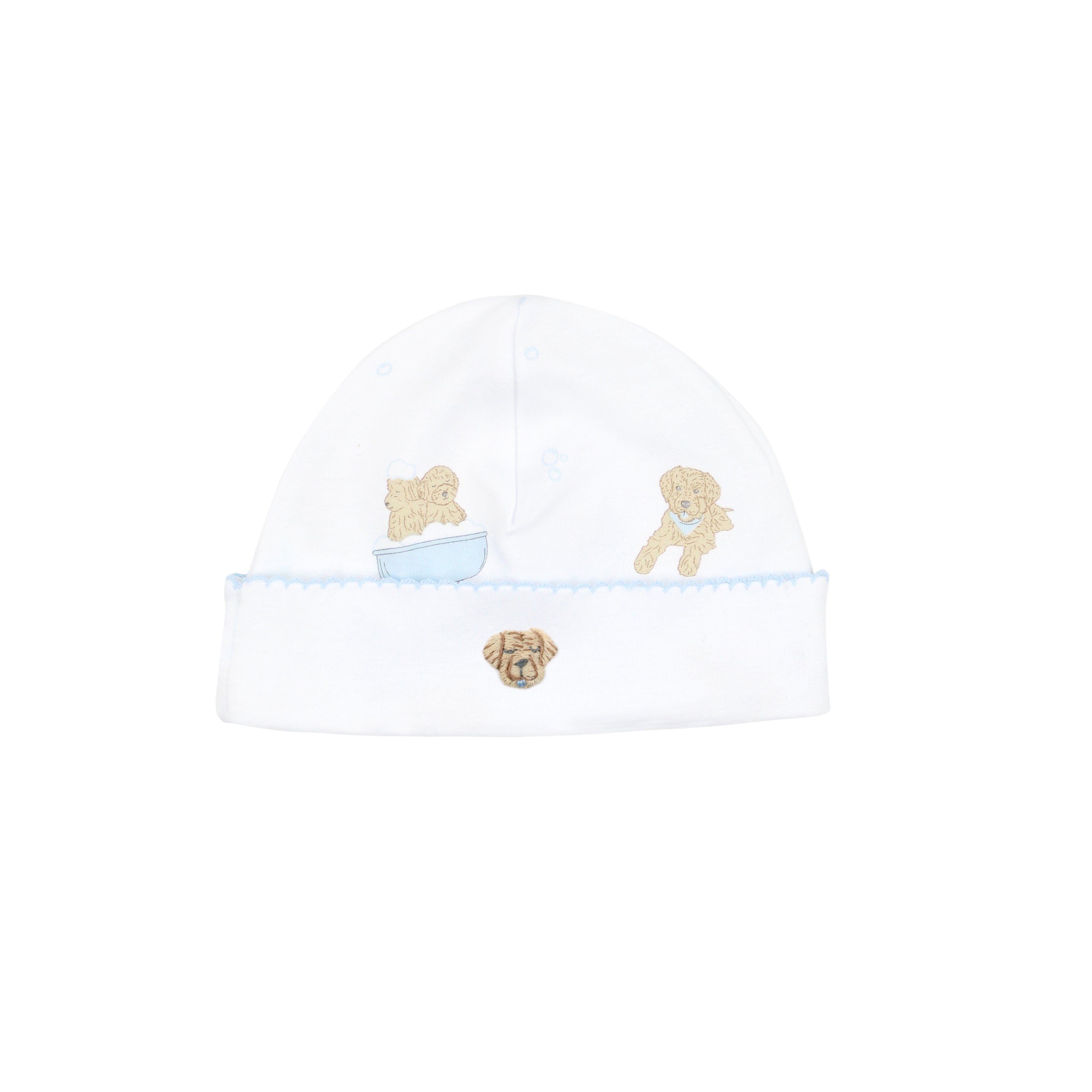 Baby boy hat in Pima cotton with embroidered pets and printed spa-themed accents — soft, breathable, and adorable.