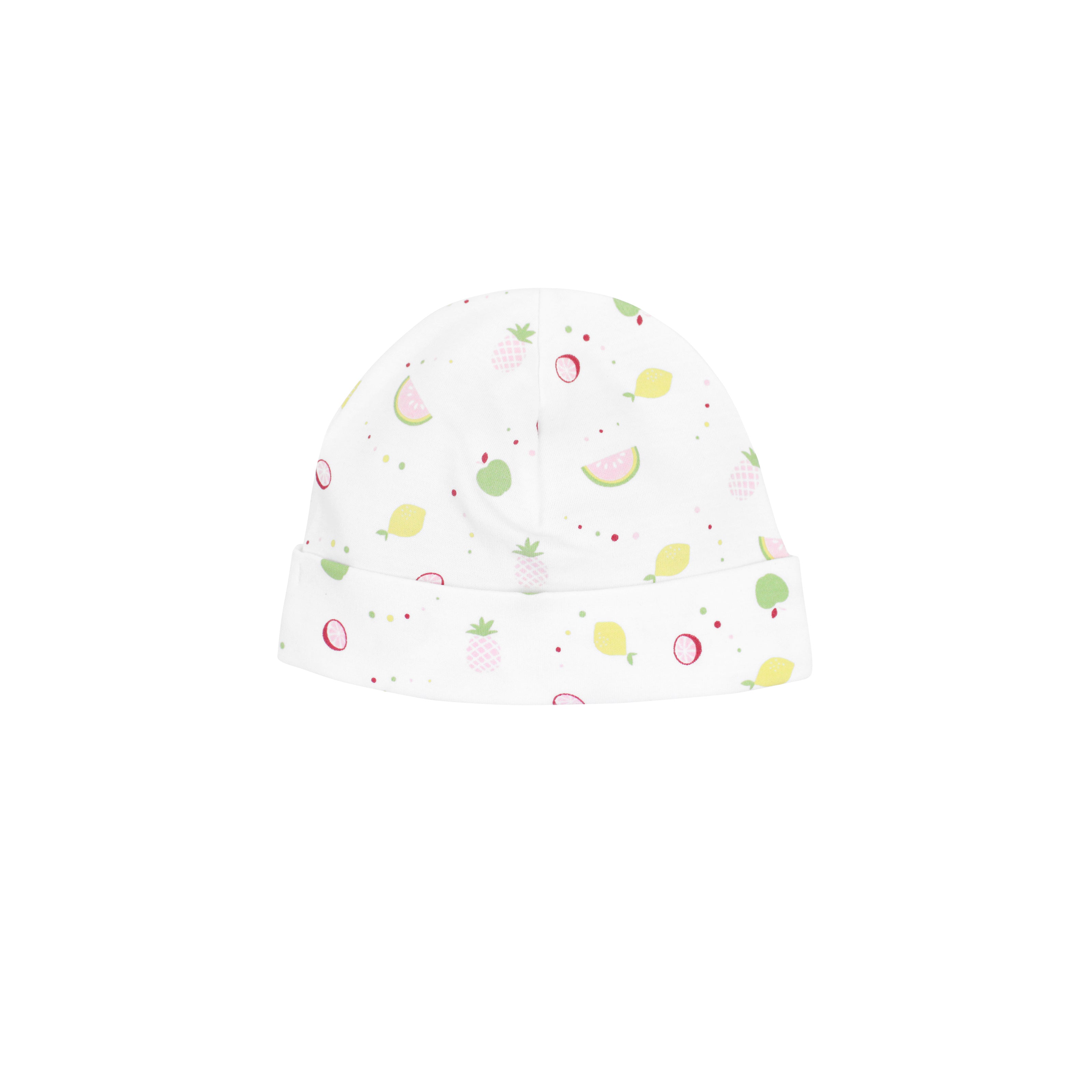 Bright girl baby hat with summer fruits print on organic Peruvian Pima cotton — breathable and soft for sensitive skin.