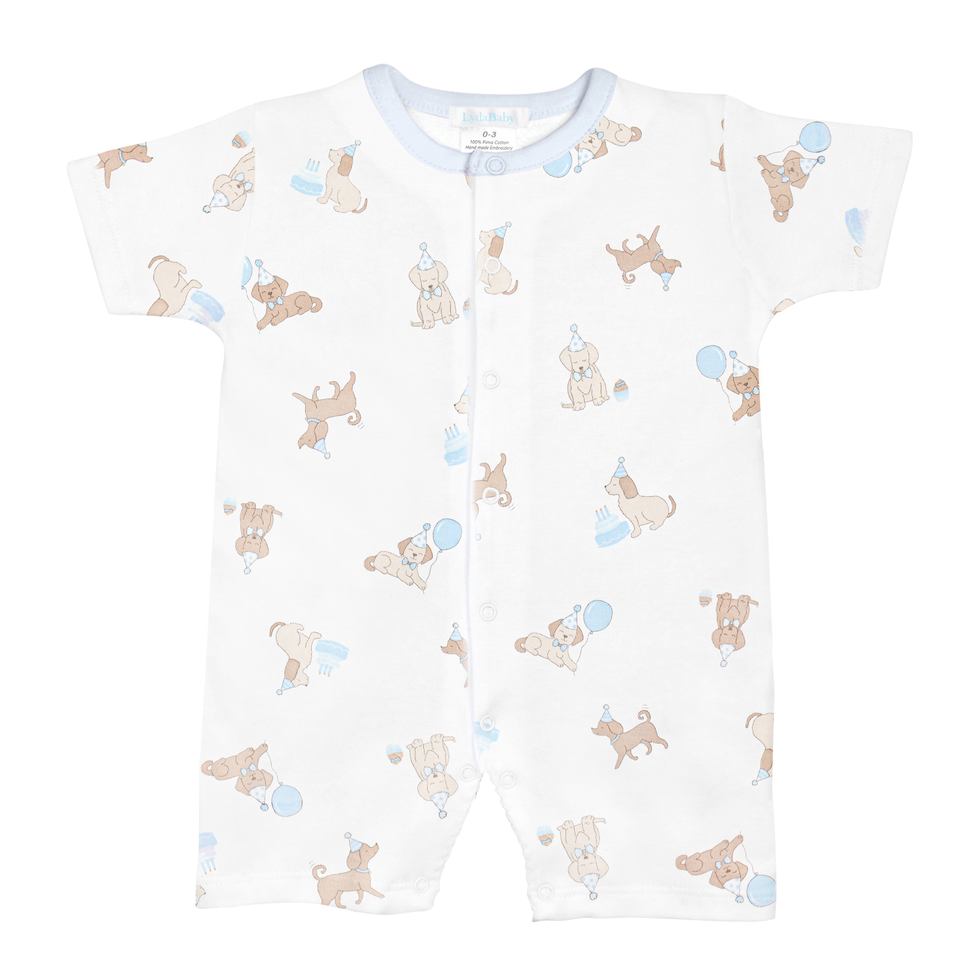 Adorable baby boy romper featuring a dog birthday party theme, made with breathable Peruvian Pima cotton — soft, playful, and cozy.