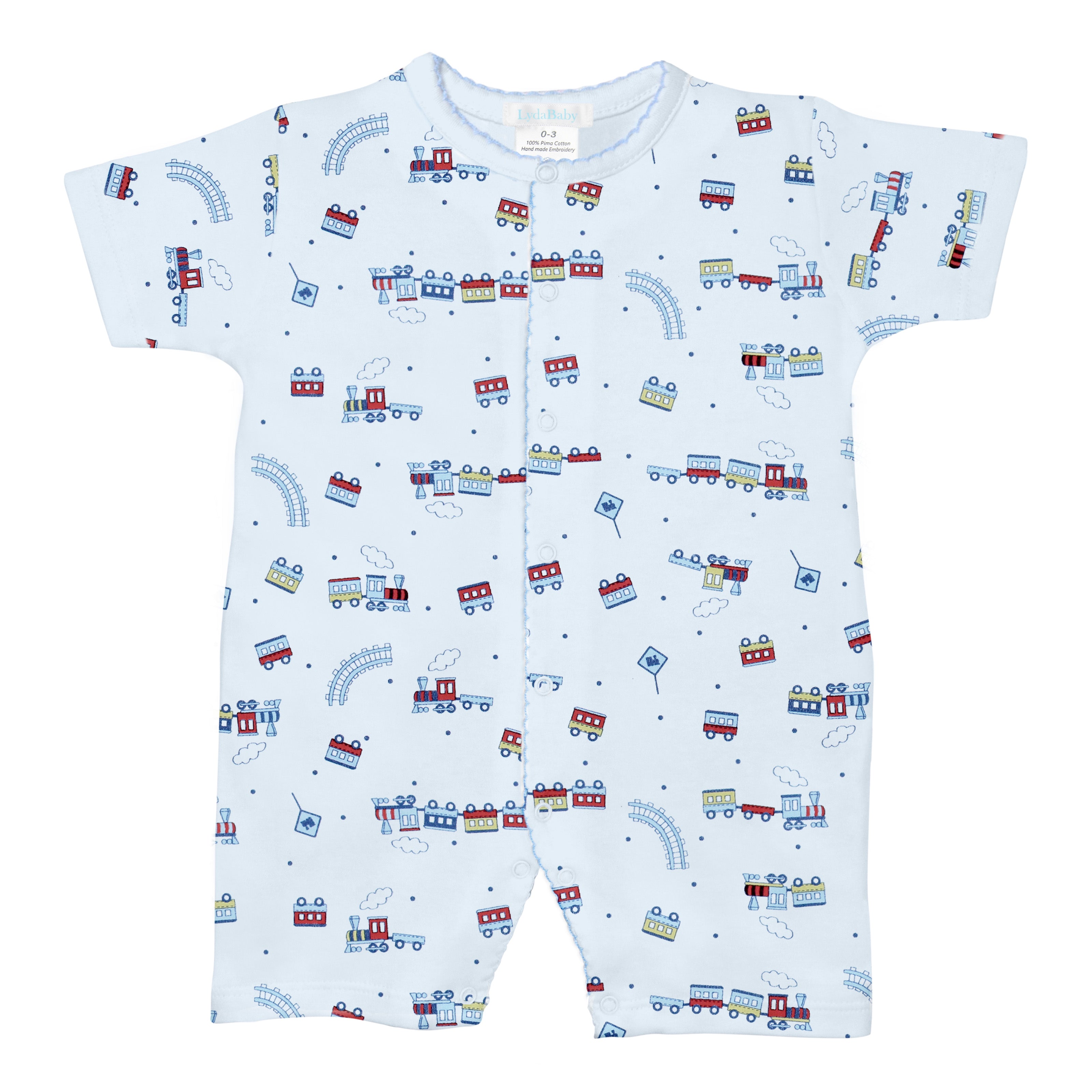 Charming baby boy romper with little train print, made from soft Peruvian Pima cotton — breathable and perfect for summer play.