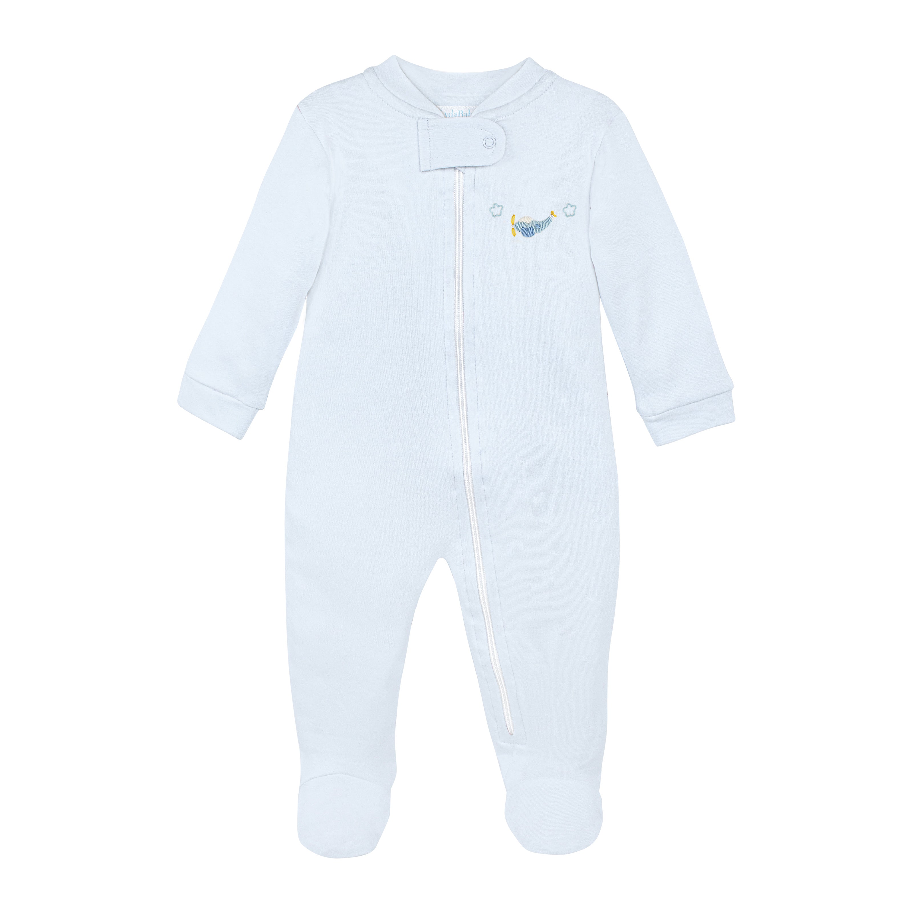 Charming baby boy zipper featuring hand-embroidered airplane motif by Peruvian artisans on soft, breathable Peruvian Pima cotton — uniquely crafted and gentle on delicate skin.