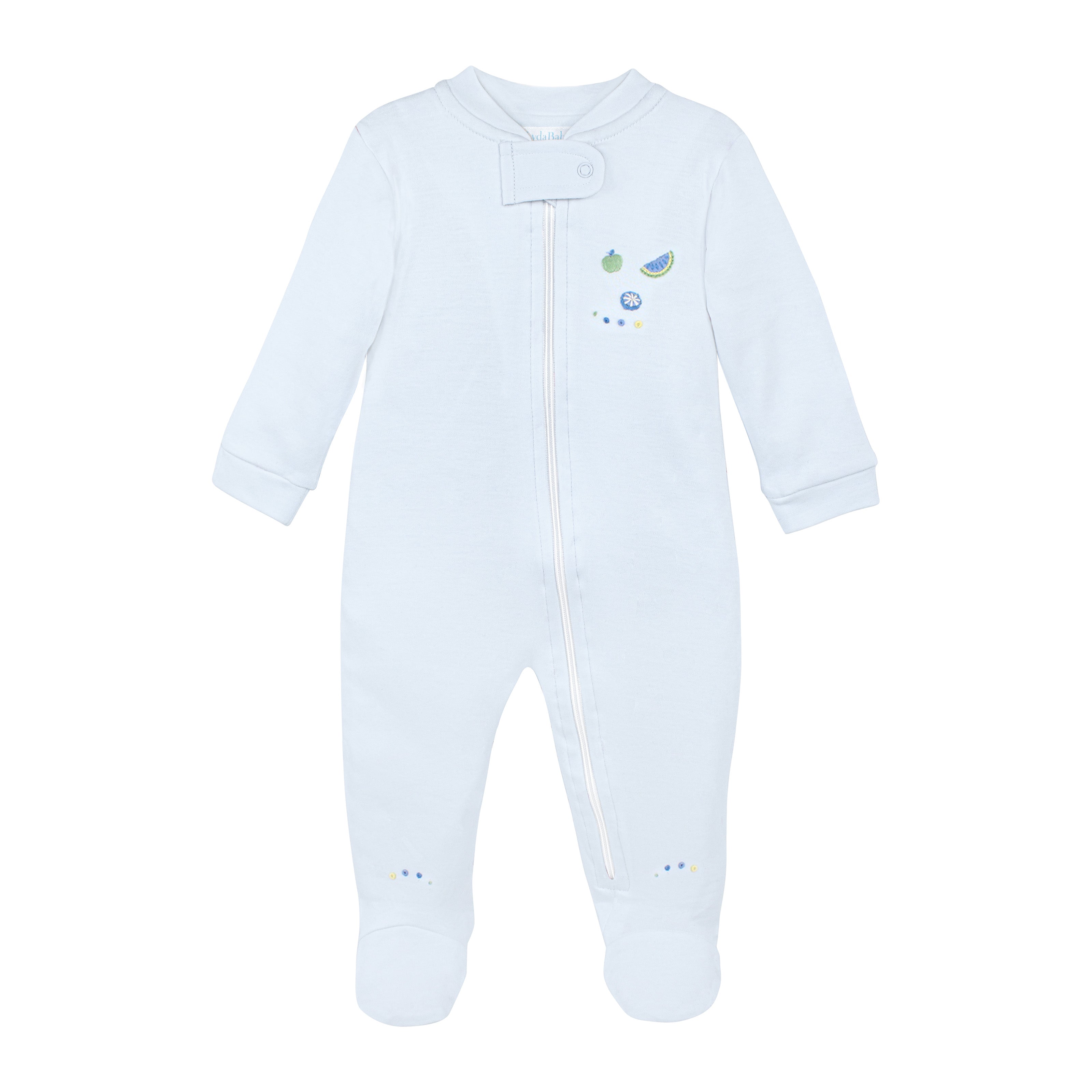 Exquisite baby boy zipper featuring hand-embroidered summer fruits by skilled Peruvian artisans on premium Peruvian Pima cotton — soft, breathable, and uniquely crafted for delicate skin.