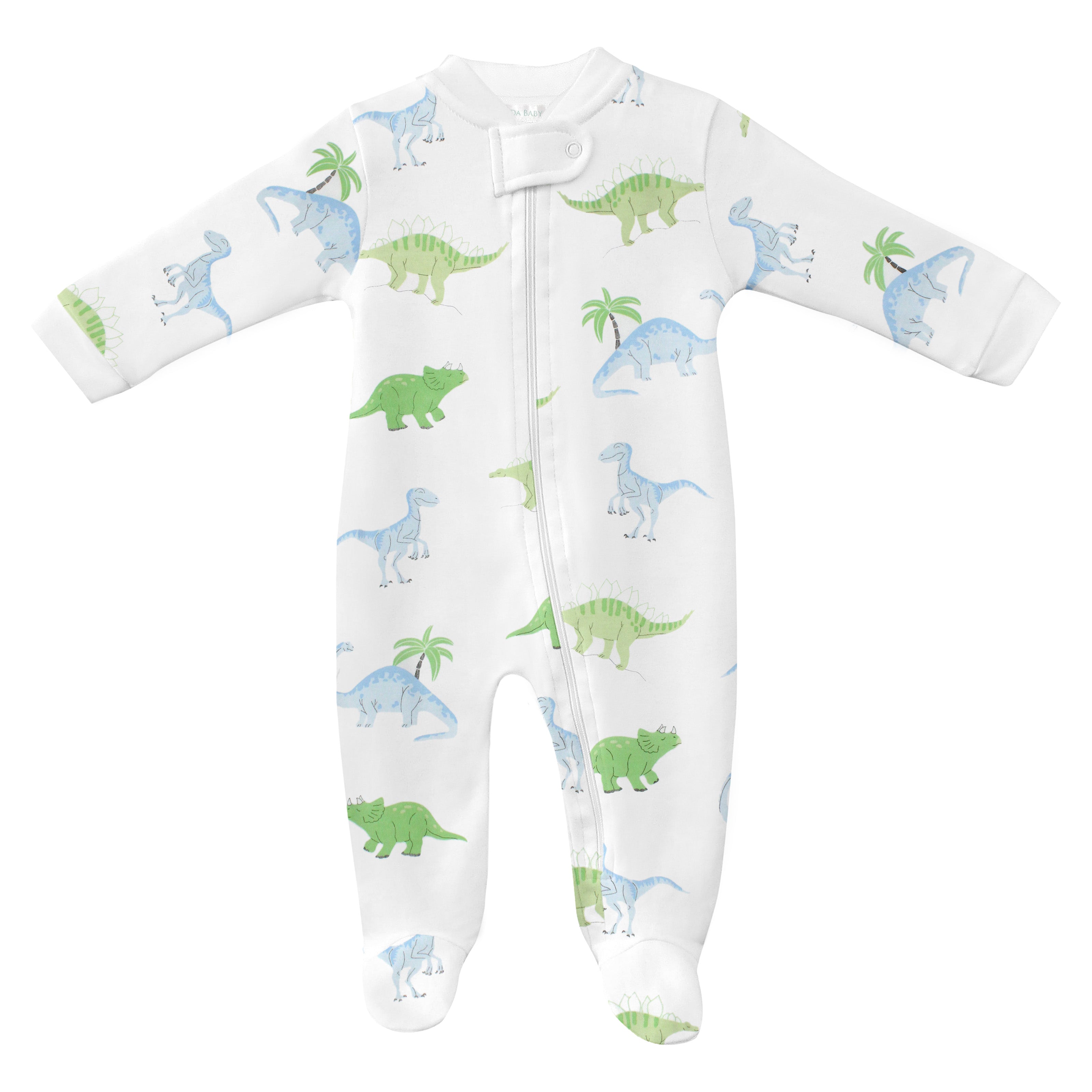 Playful baby boy zipper printed with friendly dinos on soft Peruvian Pima cotton — breathable, gentle, and cozy for delicate skin.