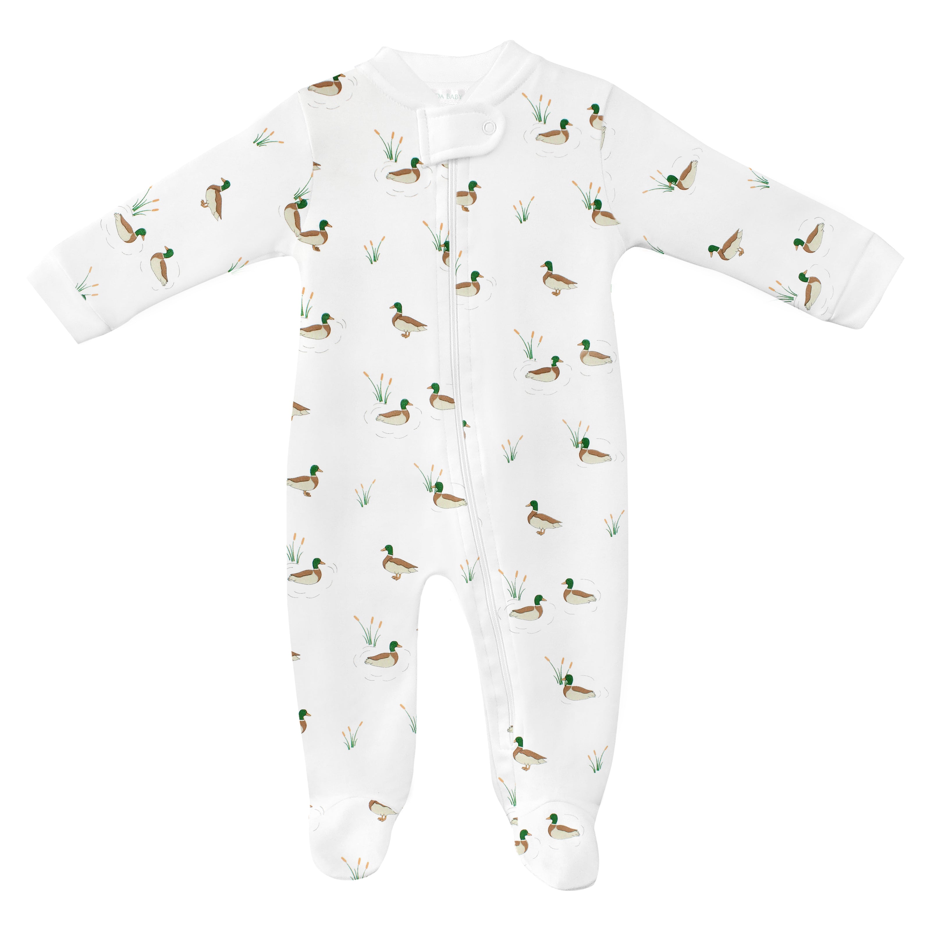 Cute baby boy zipper printed with mallard ducks on soft organic Peruvian Pima cotton — breathable, gentle, and perfect for sensitive skin.