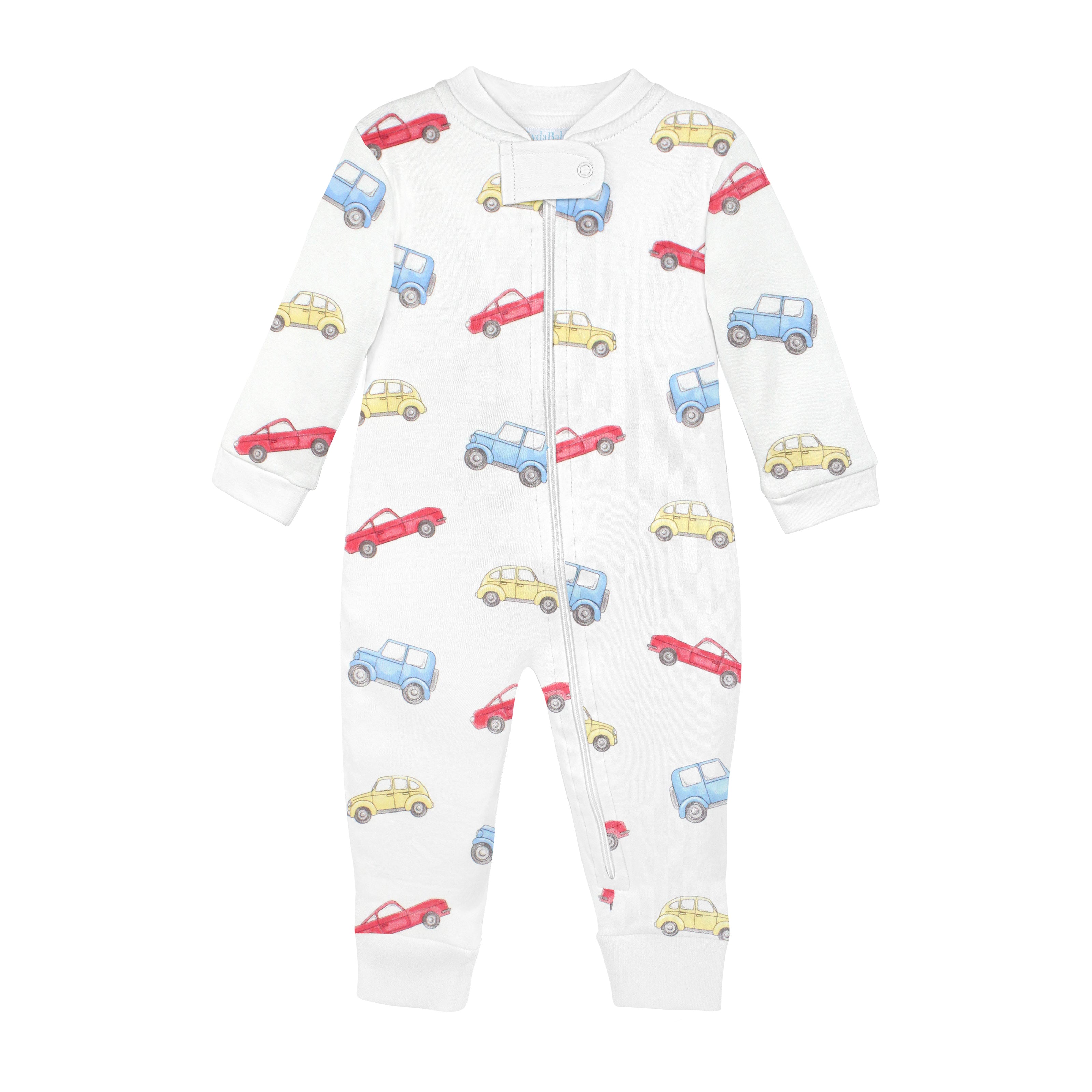 Stylish baby boy zipper with watercolor cars print on premium Peruvian Pima cotton — soft, breathable, and skin-friendly.