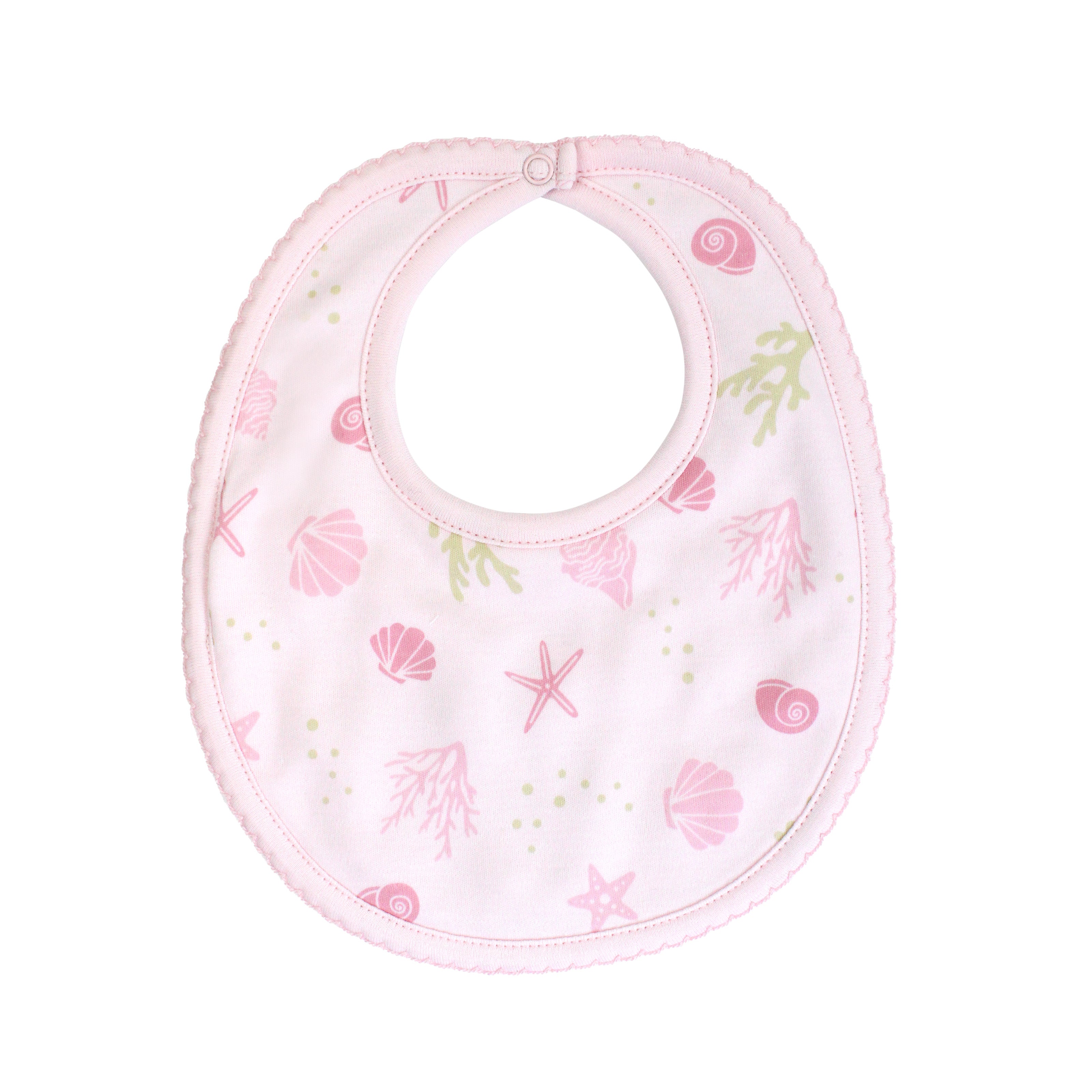 Lovely baby girl bib featuring seashells print on premium Peruvian Pima cotton — soft, breathable, and baby-friendly.