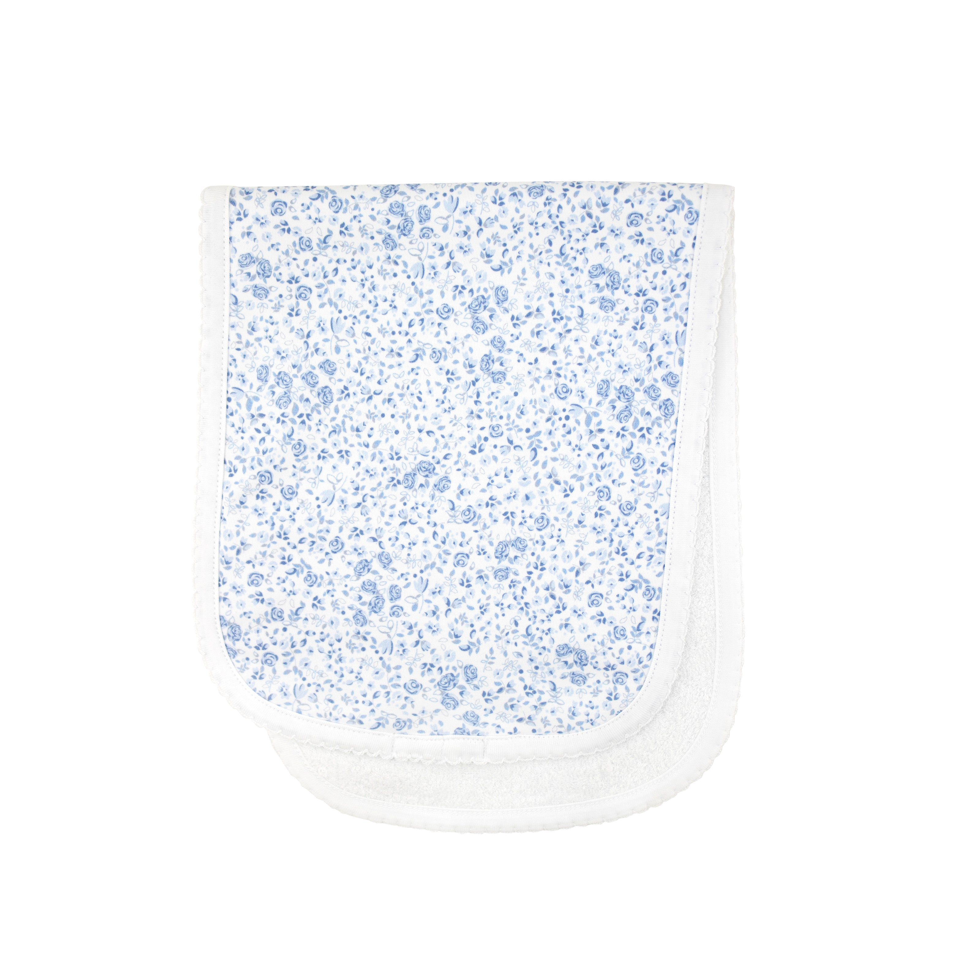 Romantic baby girl burpie adorned with delicate blue rose prints, luxuriously soft in premium Peruvian Pima cotton — elegant and absorbent.