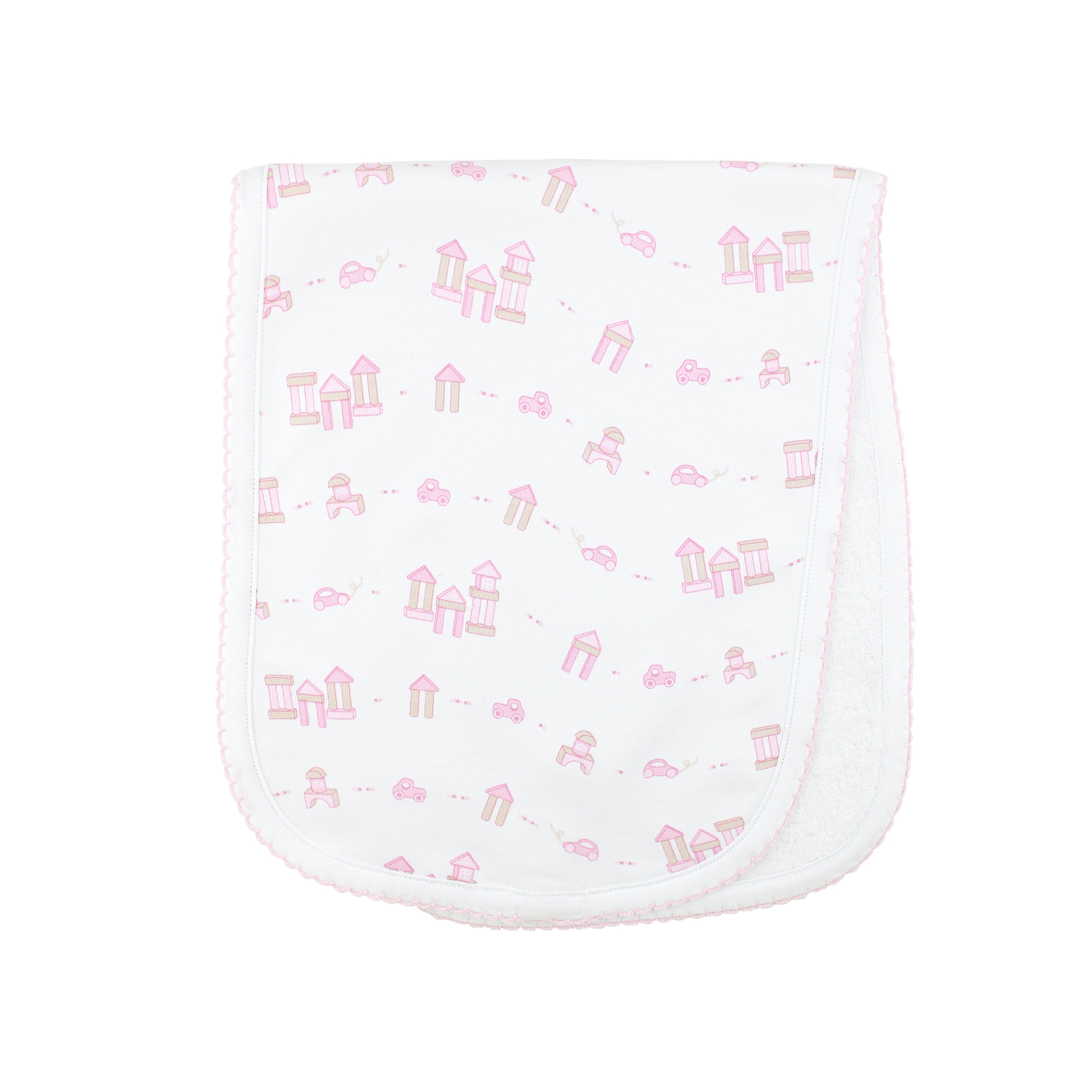 Whimsical baby girl burpie with nostalgic wooden toy illustrations, made in the finest Peruvian Pima cotton for soft, reliable comfort.