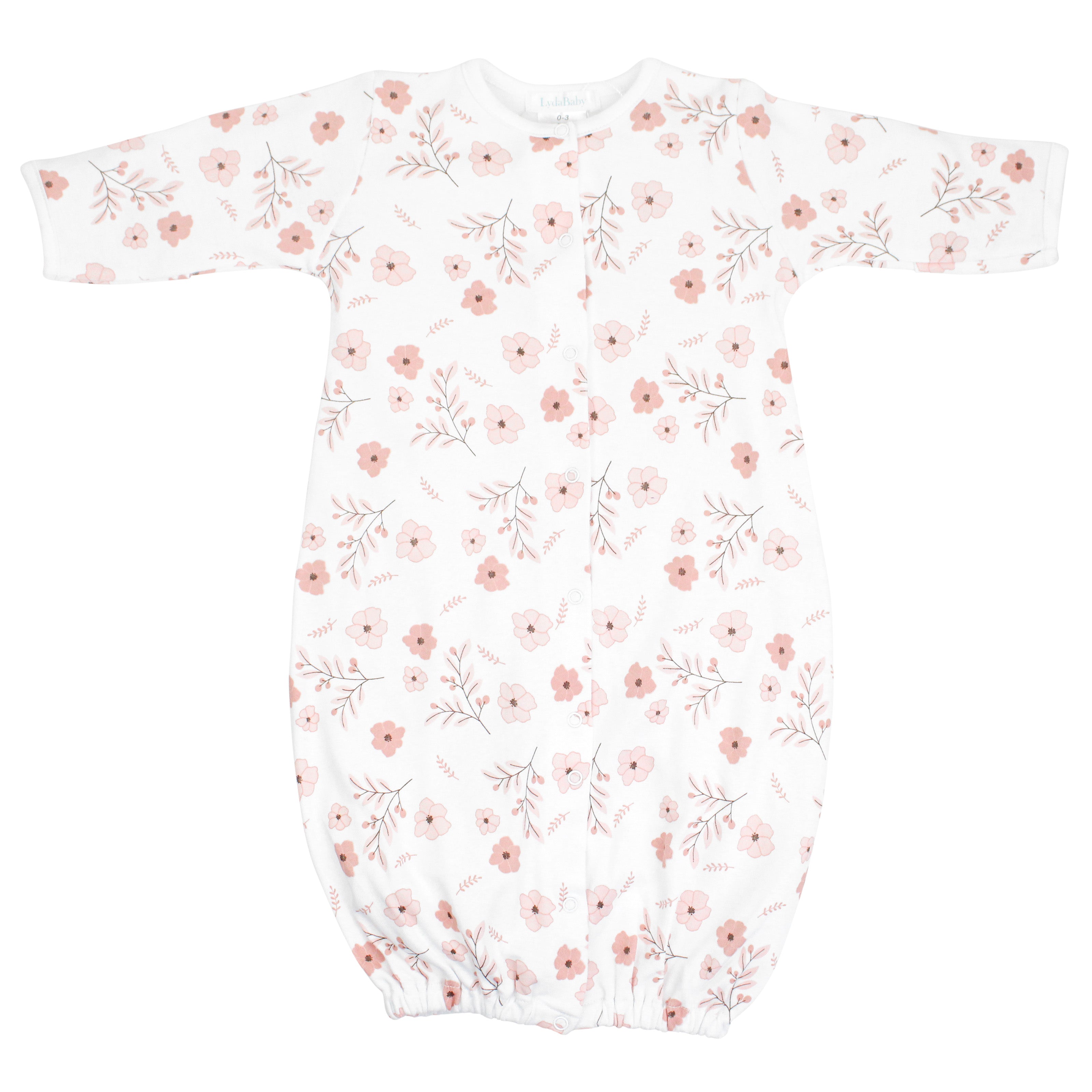 Elegant baby girl converter featuring vintage flowers print on soft, breathable Peruvian Pima cotton — gentle and luxurious for baby’s delicate skin.