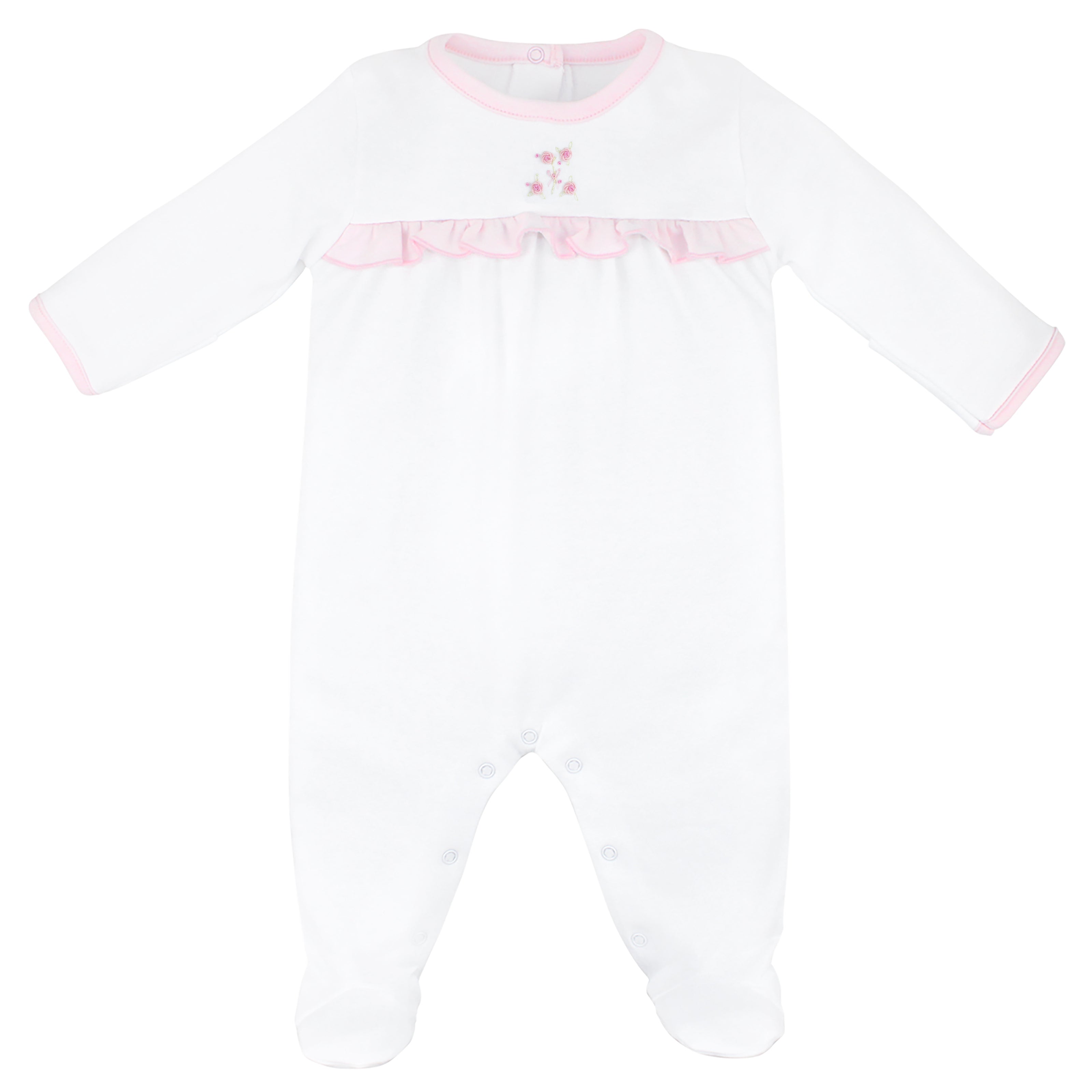 Baby girl footie in Peruvian Pima cotton with hand-embroidered floral world theme and ruffle chest — gentle, elegant, and timeless.