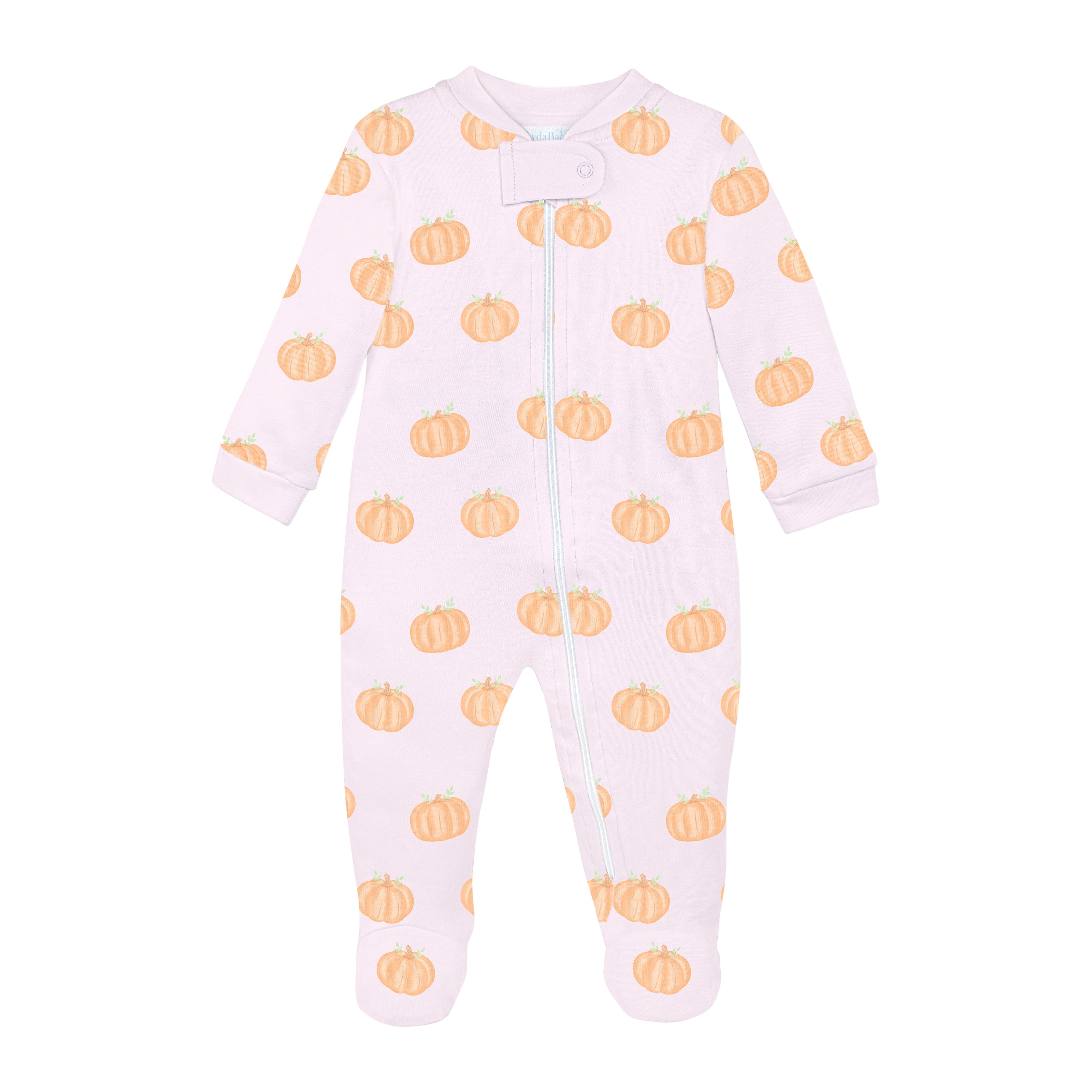 Luxury baby girl footie in pink Peruvian Pima cotton with orange pumpkin print, breathable and hypoallergenic newborn outfit.